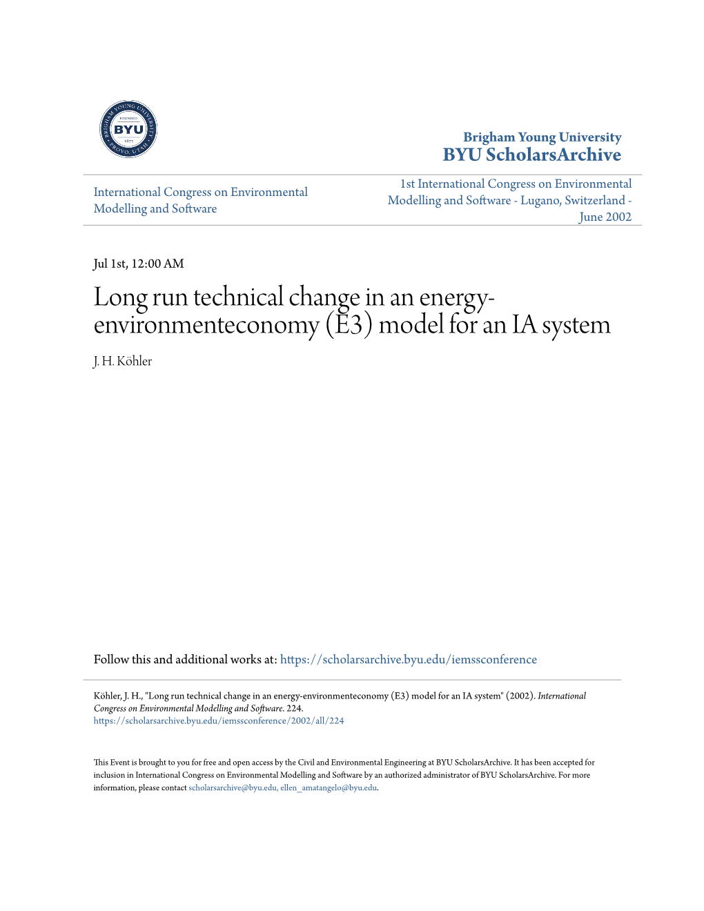 Long Run Technical Change in an Energy-Environmenteconomy (E3) Model for an IA System" (2002)