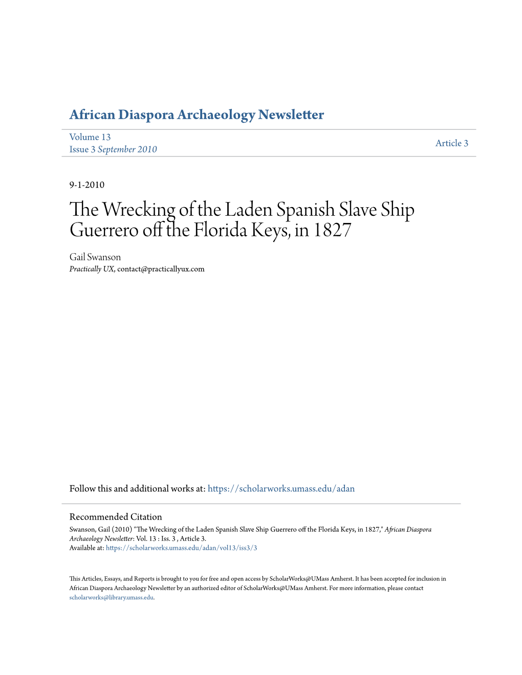 The Wrecking of the Laden Spanish Slave Ship Guerrero Off the Florida Keys, in 1827