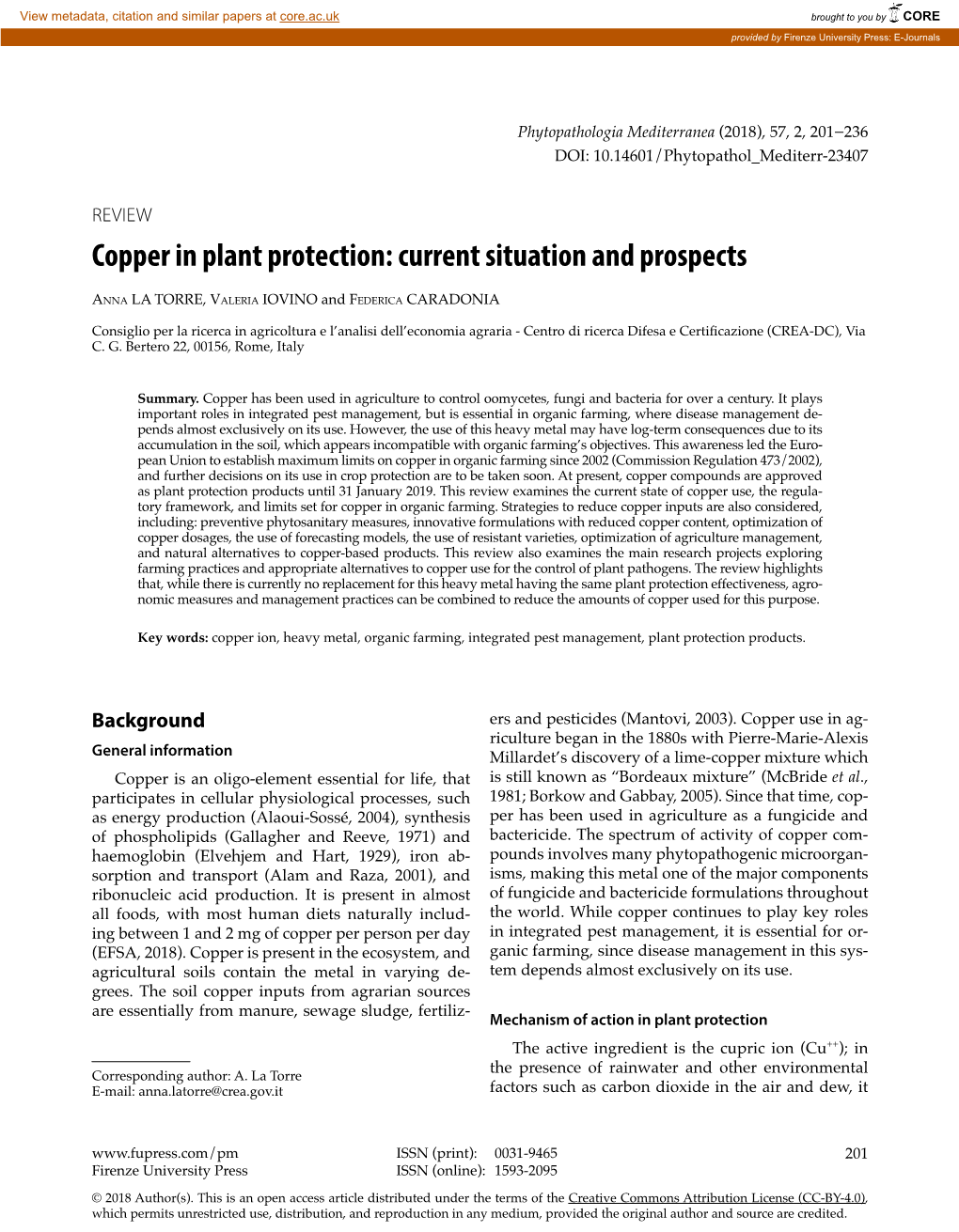 Copper in Plant Protection: Current Situation and Prospects