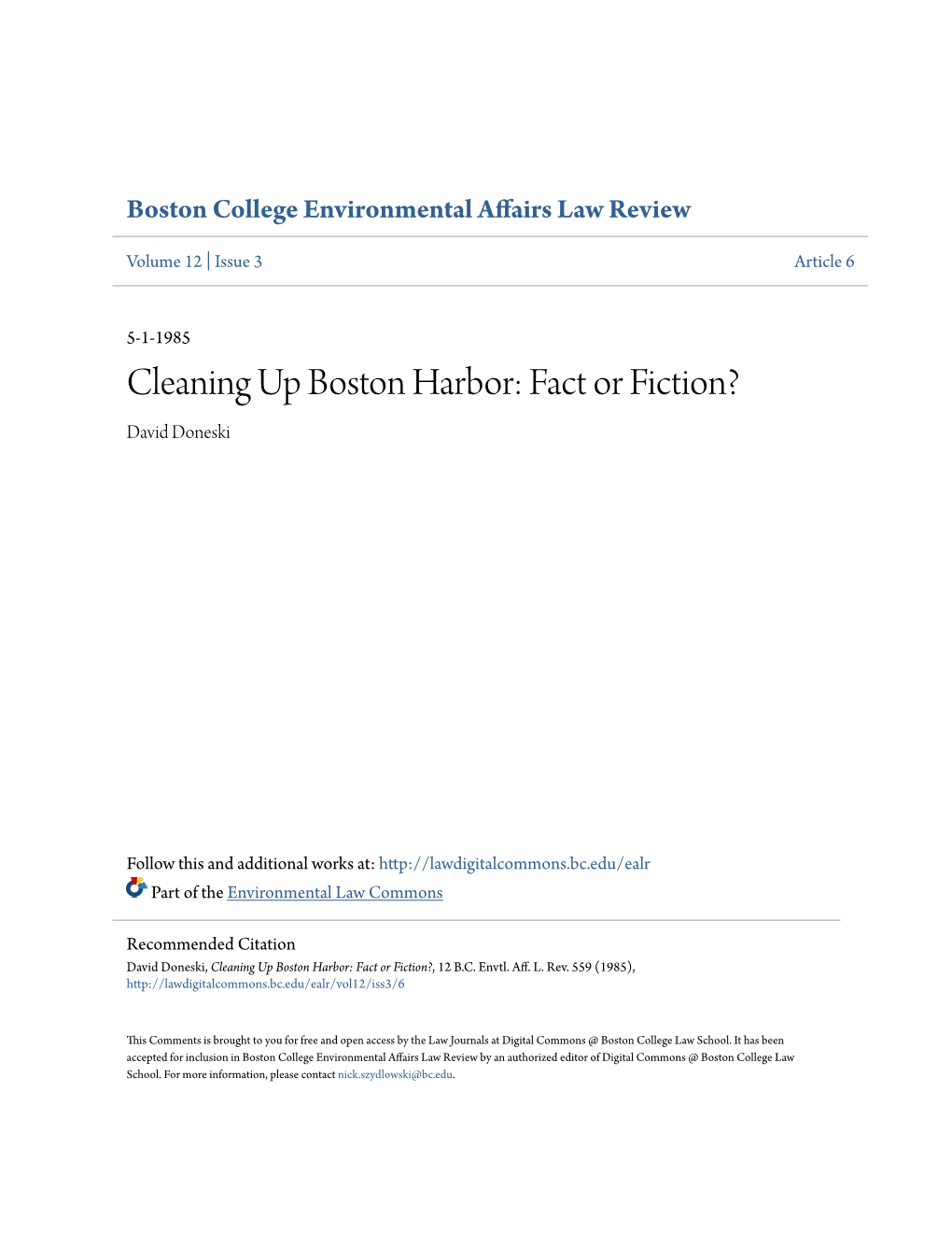 Cleaning up Boston Harbor: Fact Or Fiction? David Doneski