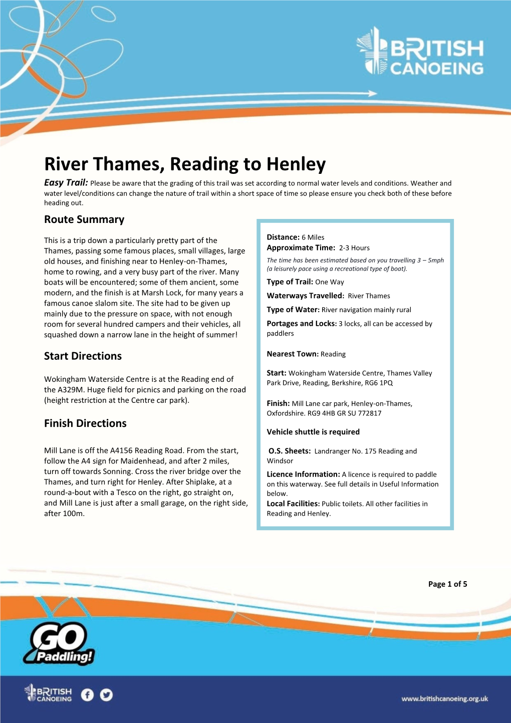 River Thames, Reading to Henley Easy Trail: Please Be Aware That the Grading of This Trail Was Set According to Normal Water Levels and Conditions