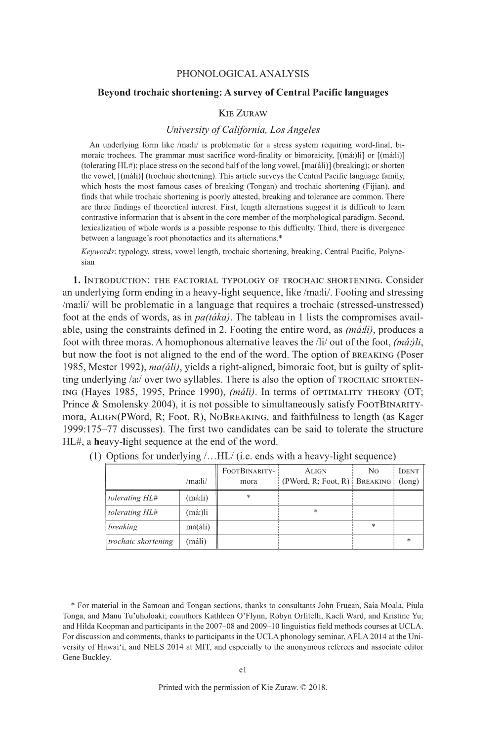 PHONOLOGICAL ANALYSIS Beyond Trochaic Shortening: a Survey of Central Pacific Languages Kie Zuraw