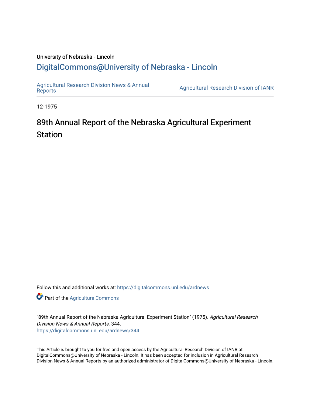 89Th Annual Report of the Nebraska Agricultural Experiment Station