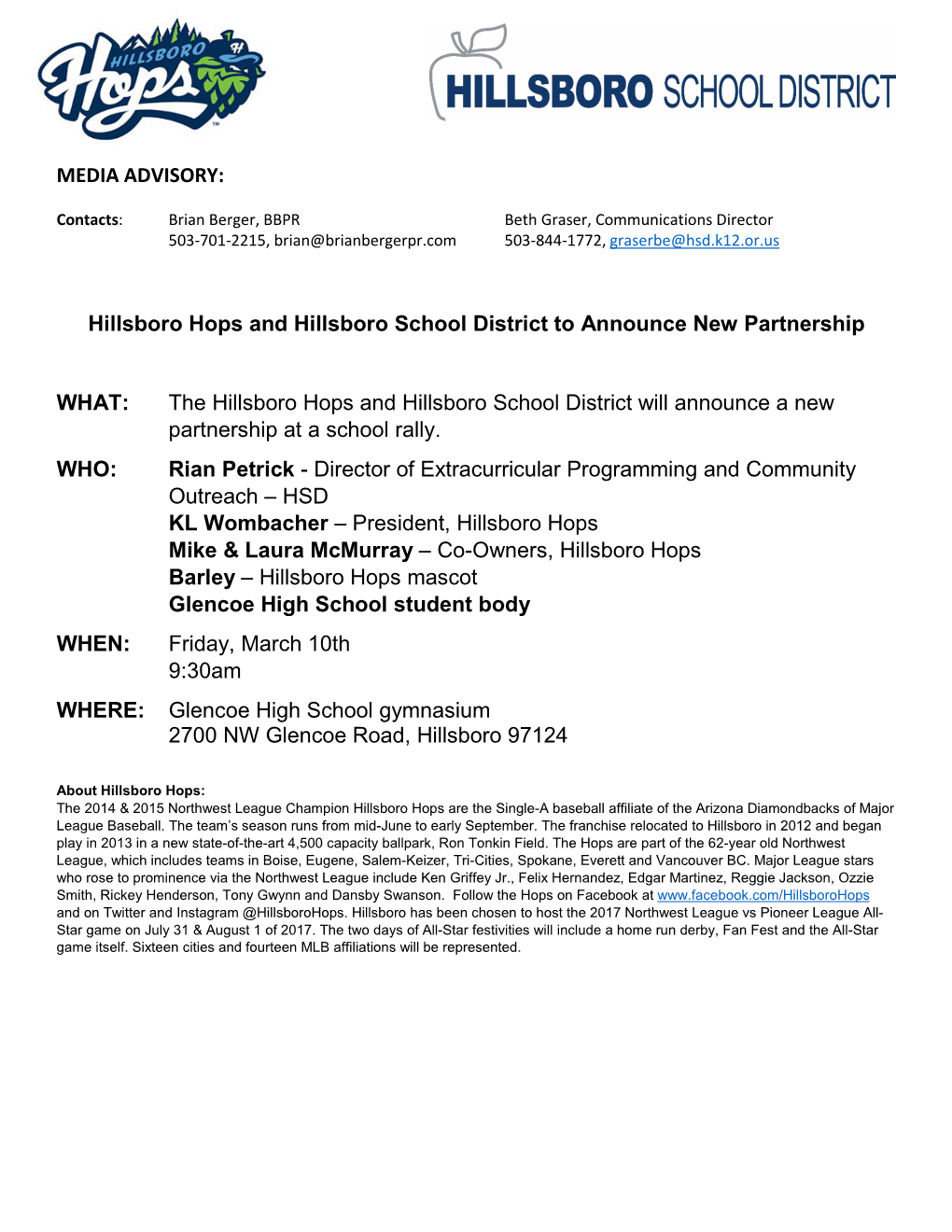 The Hillsboro Hops and Hillsboro School District Will Announce a New Partnership at a School Rally