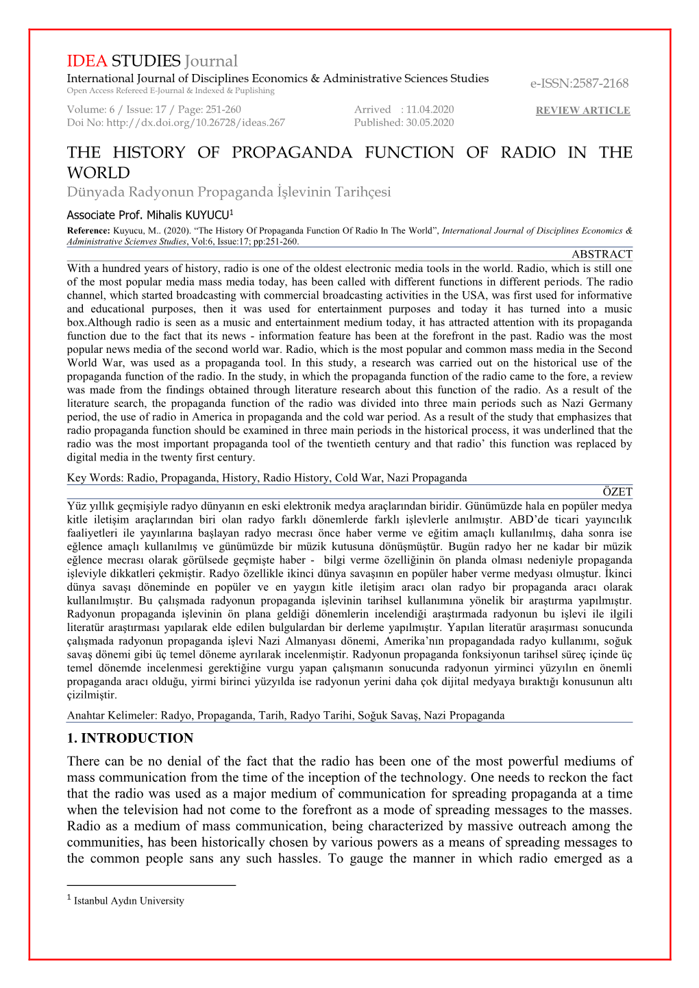 IDEA STUDIES Journal the HISTORY of PROPAGANDA FUNCTION of RADIO in the WORLD