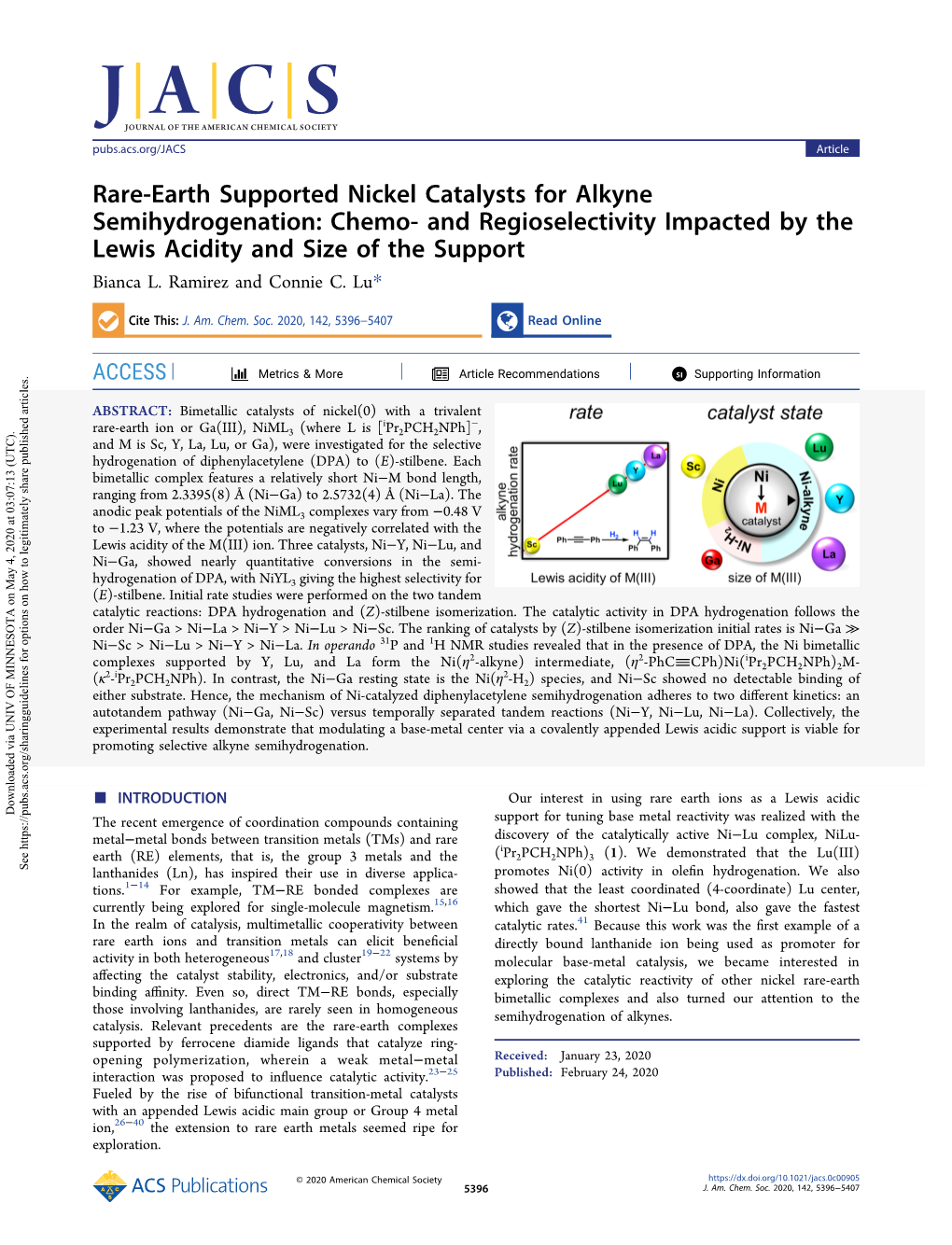 Rare-Earth Supported Nickel Catalysts for Alkyne Semihydrogenation: Chemo- and Regioselectivity Impacted by the Lewis Acidity and Size of the Support Bianca L