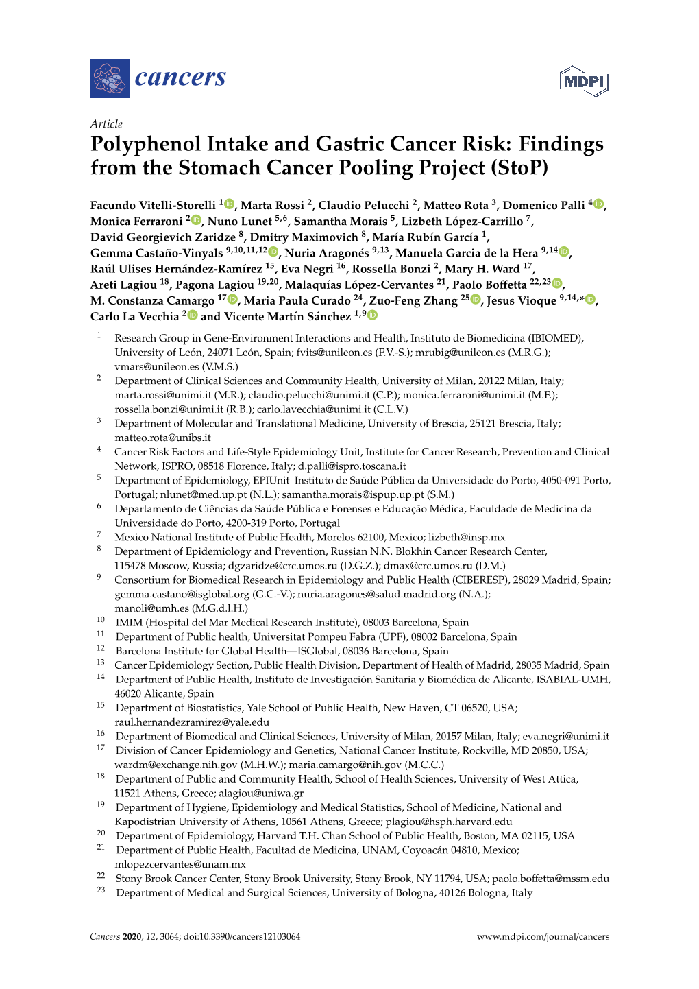 Polyphenol Intake and Gastric Cancer Risk: Findings from the Stomach Cancer Pooling Project (Stop)