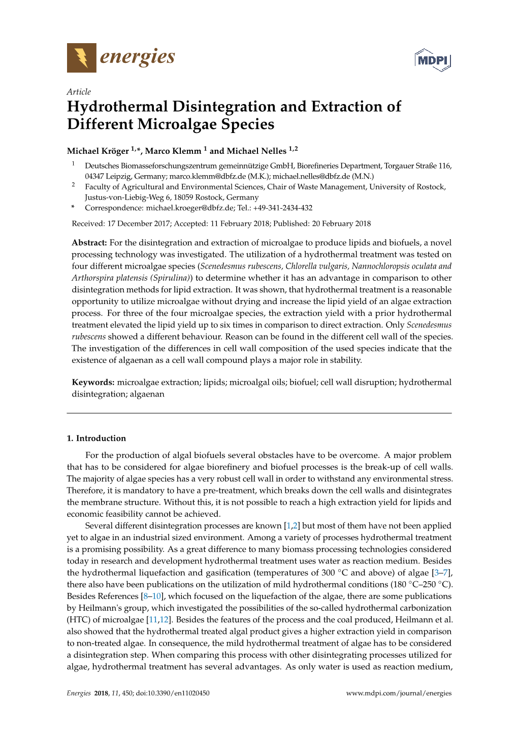 Hydrothermal Disintegration and Extraction of Different Microalgae Species