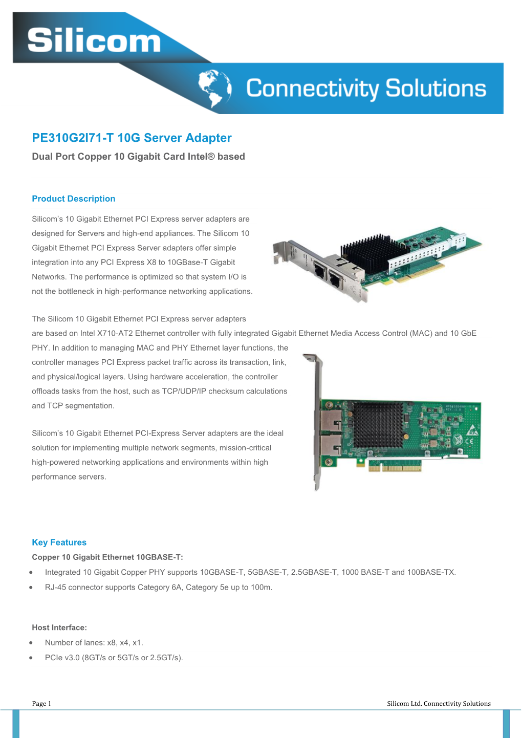 PE310G2I71-T 10G Server Adapter Dual Port Copper 10 Gigabit Card Intel® Based