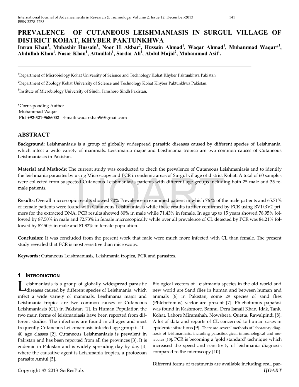 Prevalence of Cutaneous Leishmaniasis in Surgul Village of District Kohat, Khyber Paktunkhwa