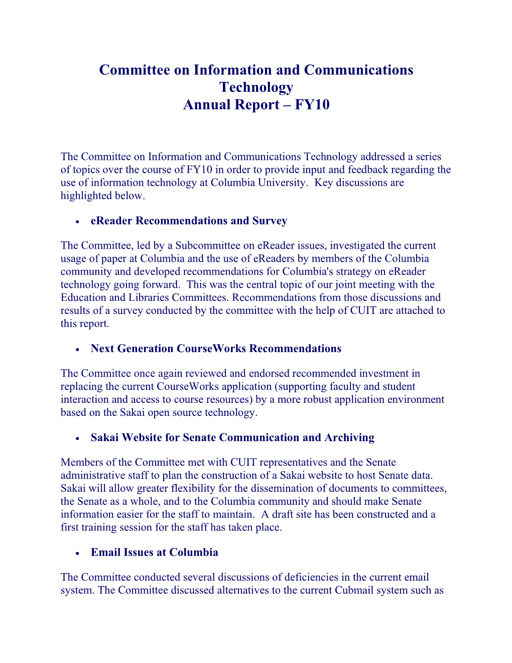 Committee on Information and Communications Technology Annual Report – FY10