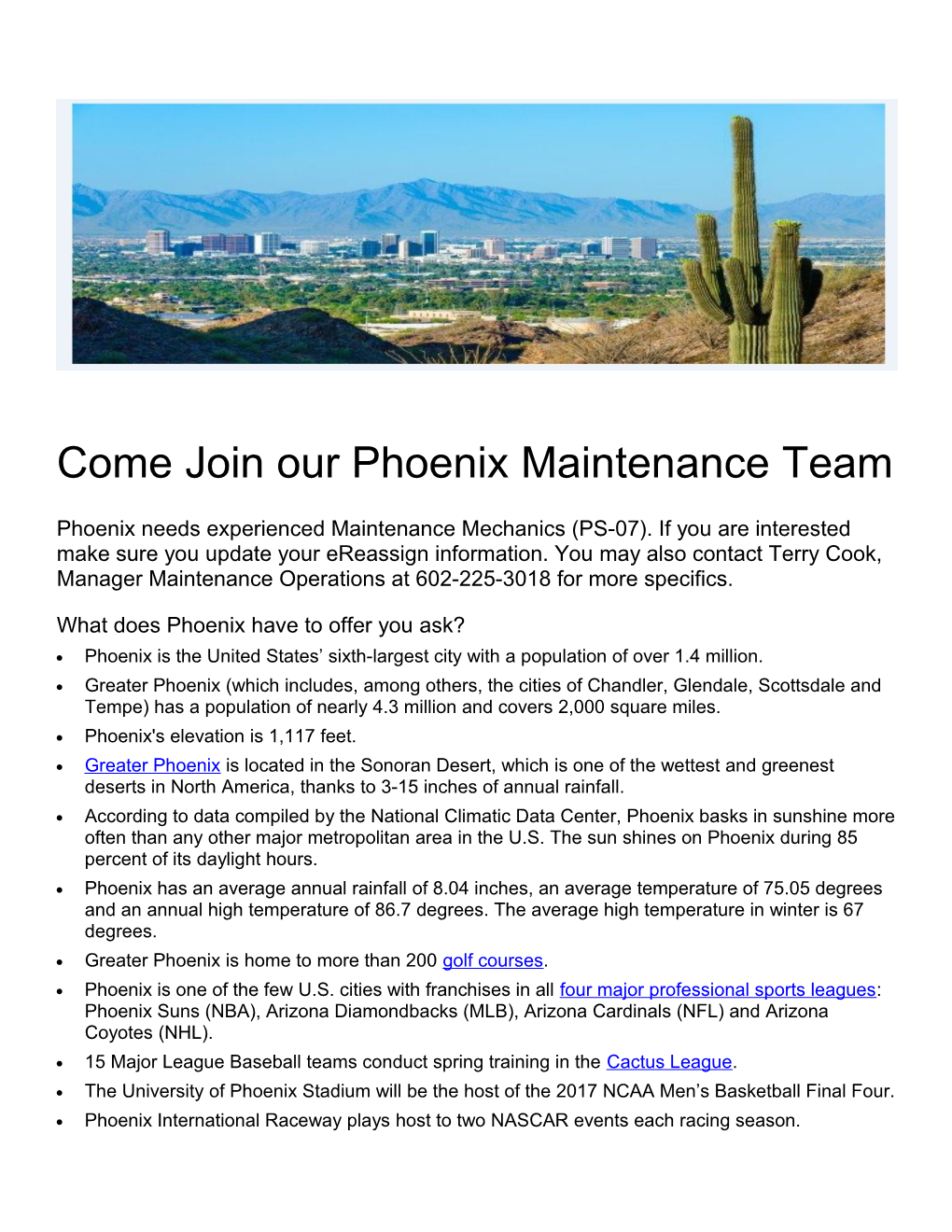 Come Join Our Phoenix Maintenance Team