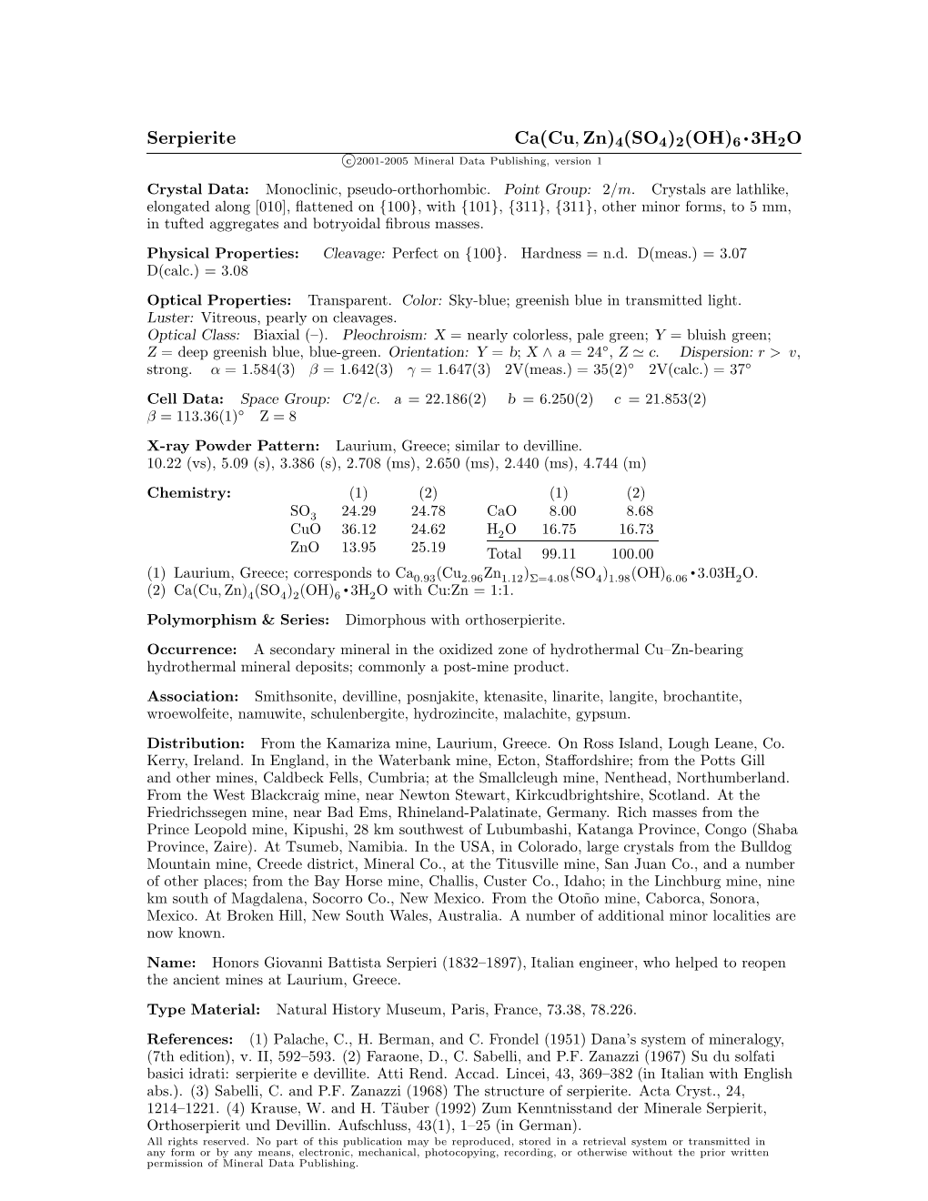 Serpierite Ca(Cu, Zn)4(SO4)2(OH)6 • 3H2O C 2001-2005 Mineral Data Publishing, Version 1