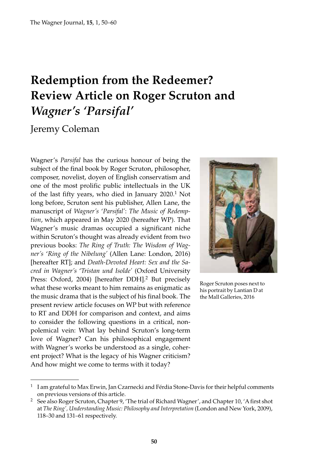 Redemption from the Redeemer? Review Article on Roger Scruton and Wagner’S ‘Parsifal’ Jeremy Coleman