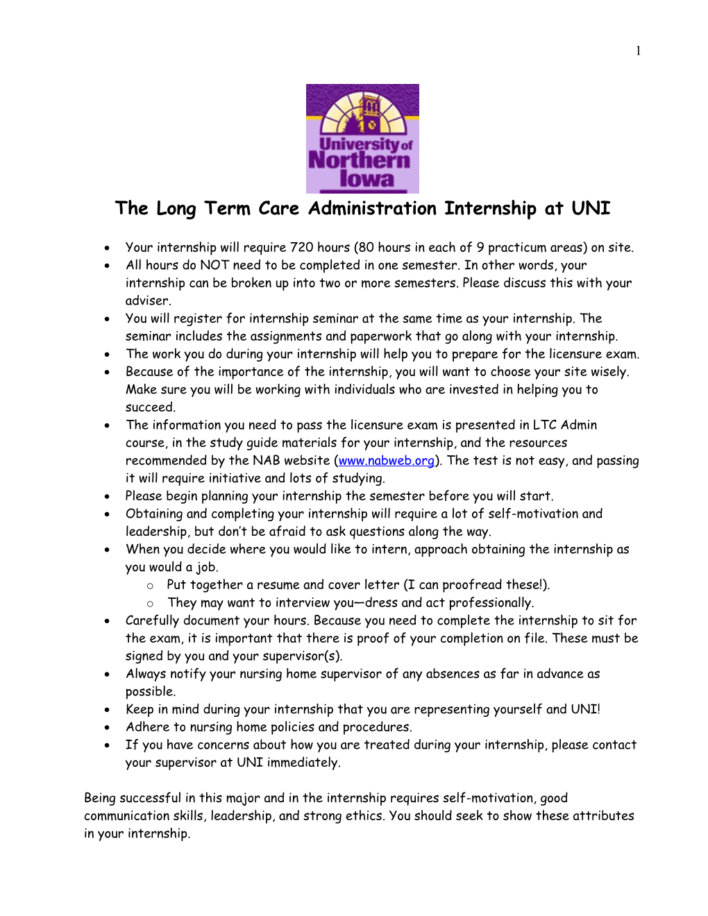 The Long Term Care Internship at UNI