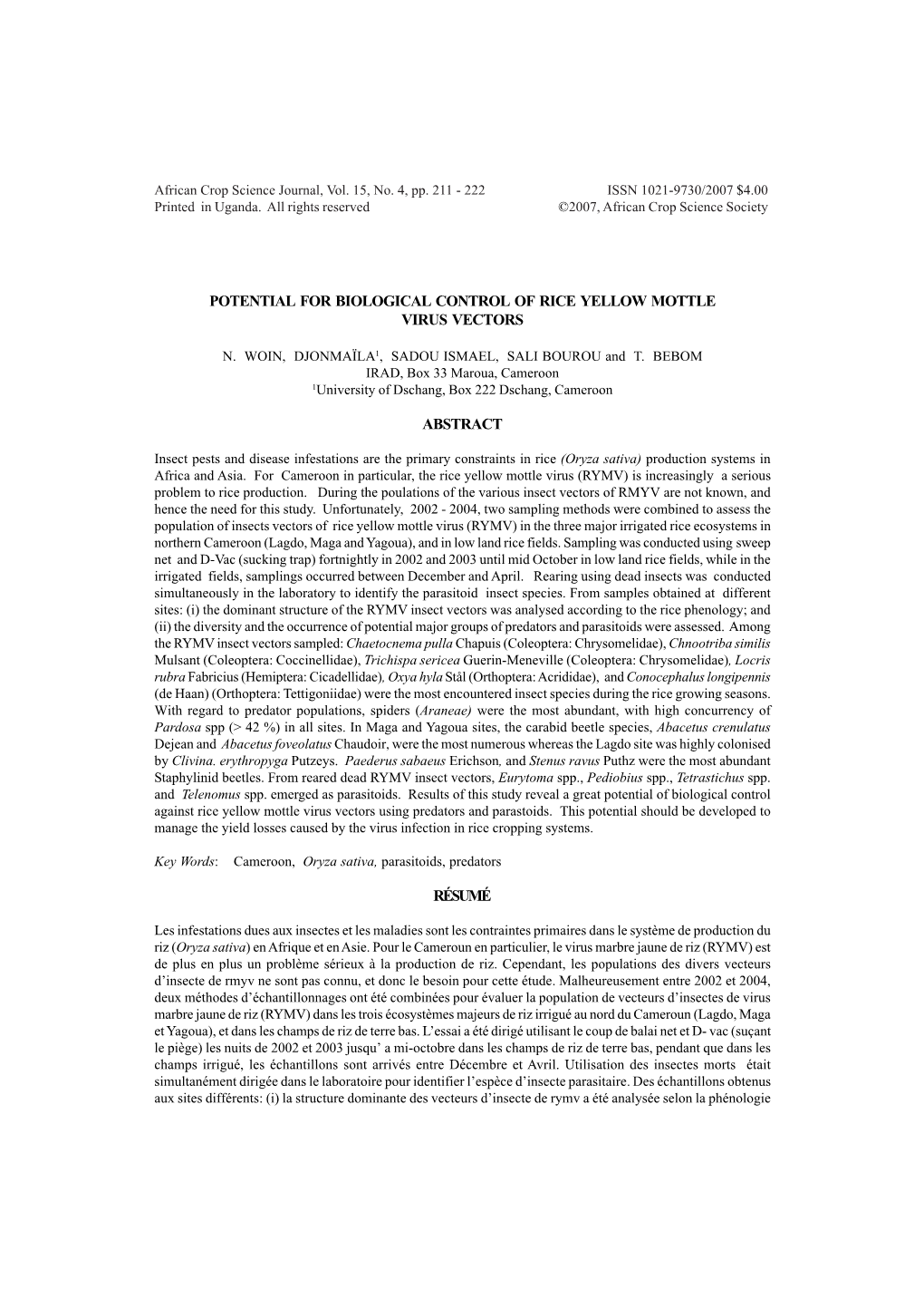 Potential for Biological Control of Rice Yellow Mottle Virus Vectors