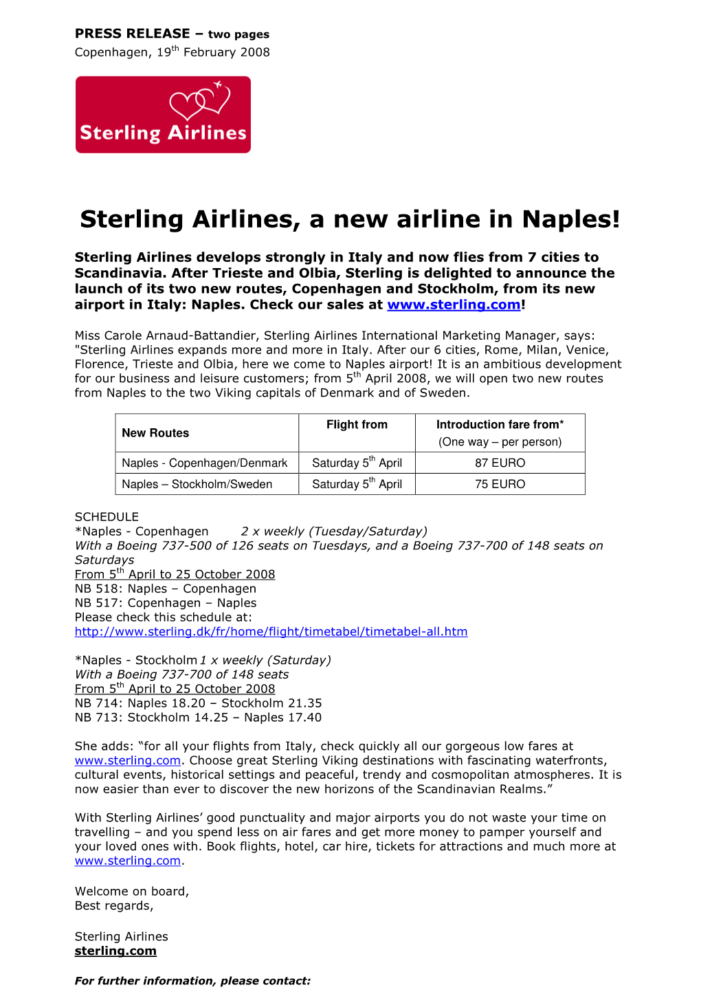 Sterling Airlines, a New Airline in Naples!