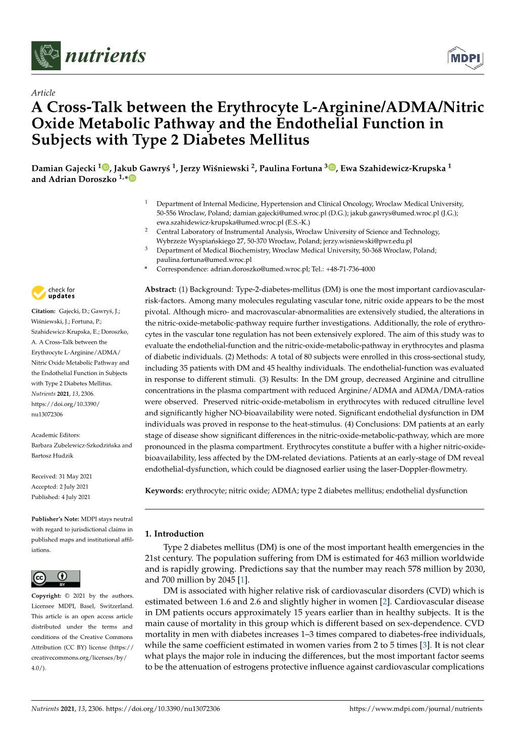 A Cross-Talk Between the Erythrocyte L-Arginine/ADMA/Nitric Oxide Metabolic Pathway and the Endothelial Function in Subjects with Type 2 Diabetes Mellitus