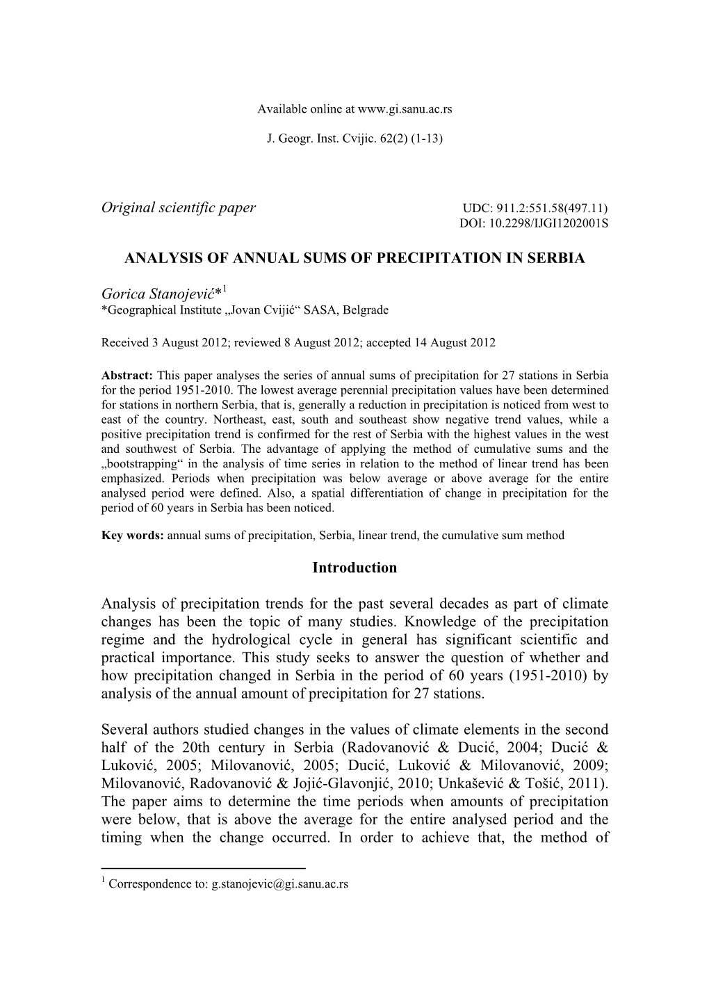 Analysis of Annual Sums of Precipitation in Serbia