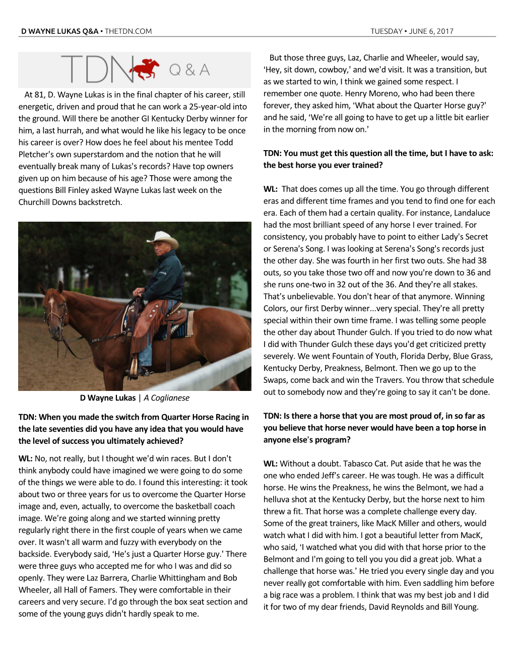 D Wayne Lukas Q&A • Thetdn.Com Tuesday • June 6, 2017