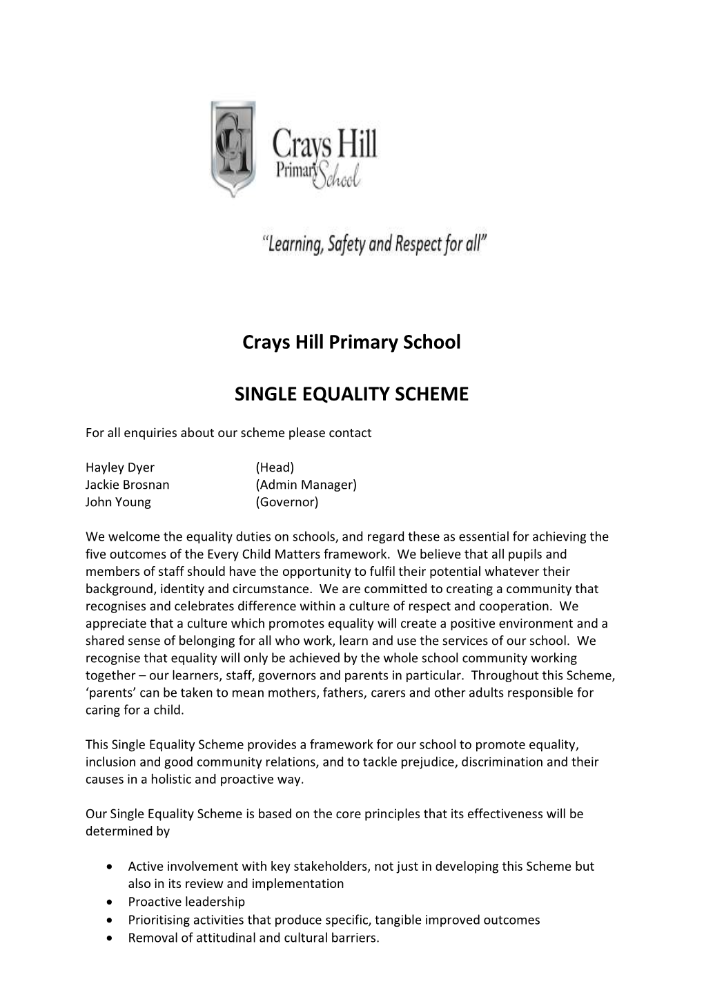 Crays Hill Primary School SINGLE EQUALITY SCHEME