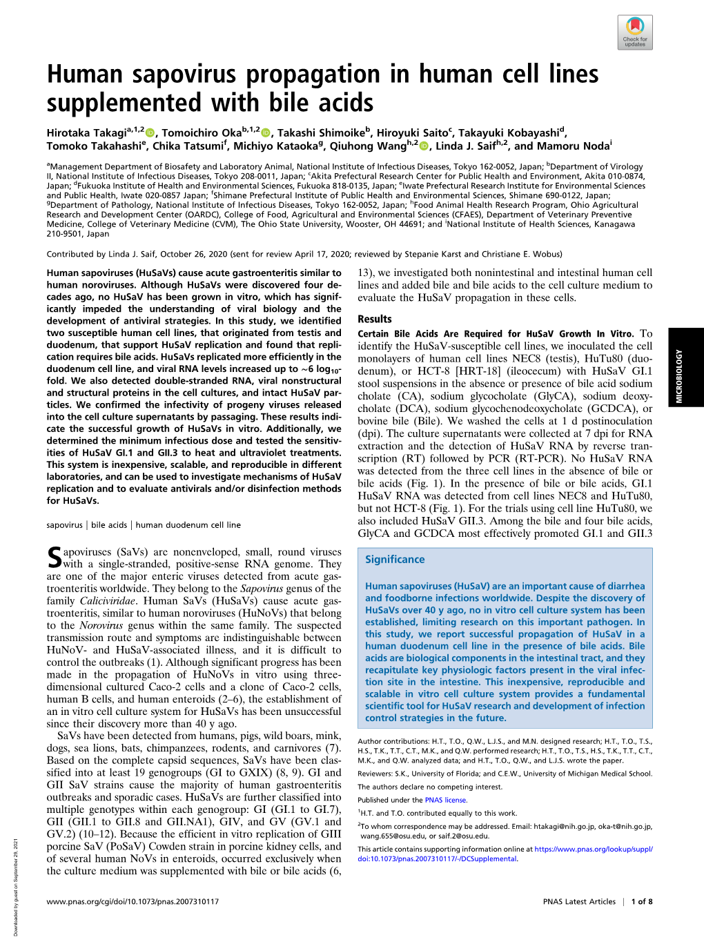 Human Sapovirus Propagation in Human Cell Lines Supplemented with Bile Acids