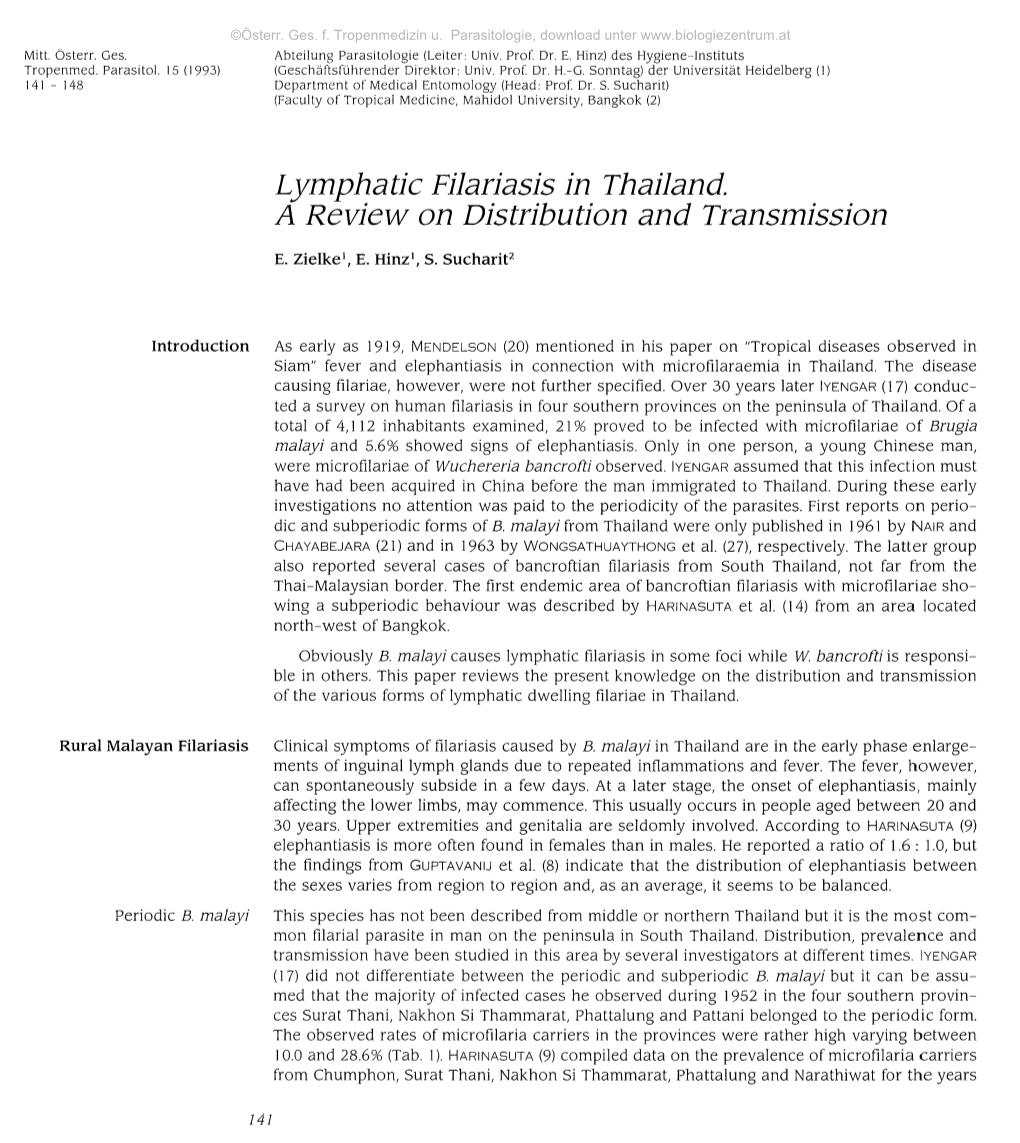 Lymphatic Filariasis in Thailand a Review on Distribution and Transmission E