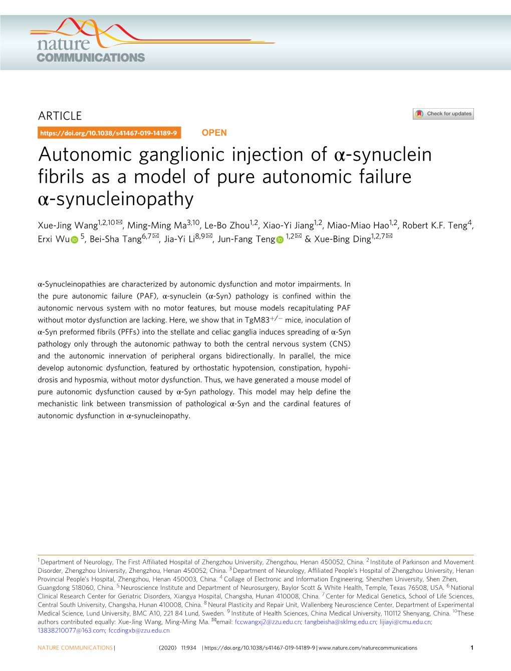 Synuclein Fibrils As a Model of Pure Autonomic Failure Î