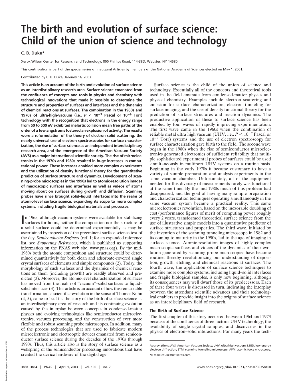 The Birth and Evolution of Surface Science: Child of the Union of Science and Technology