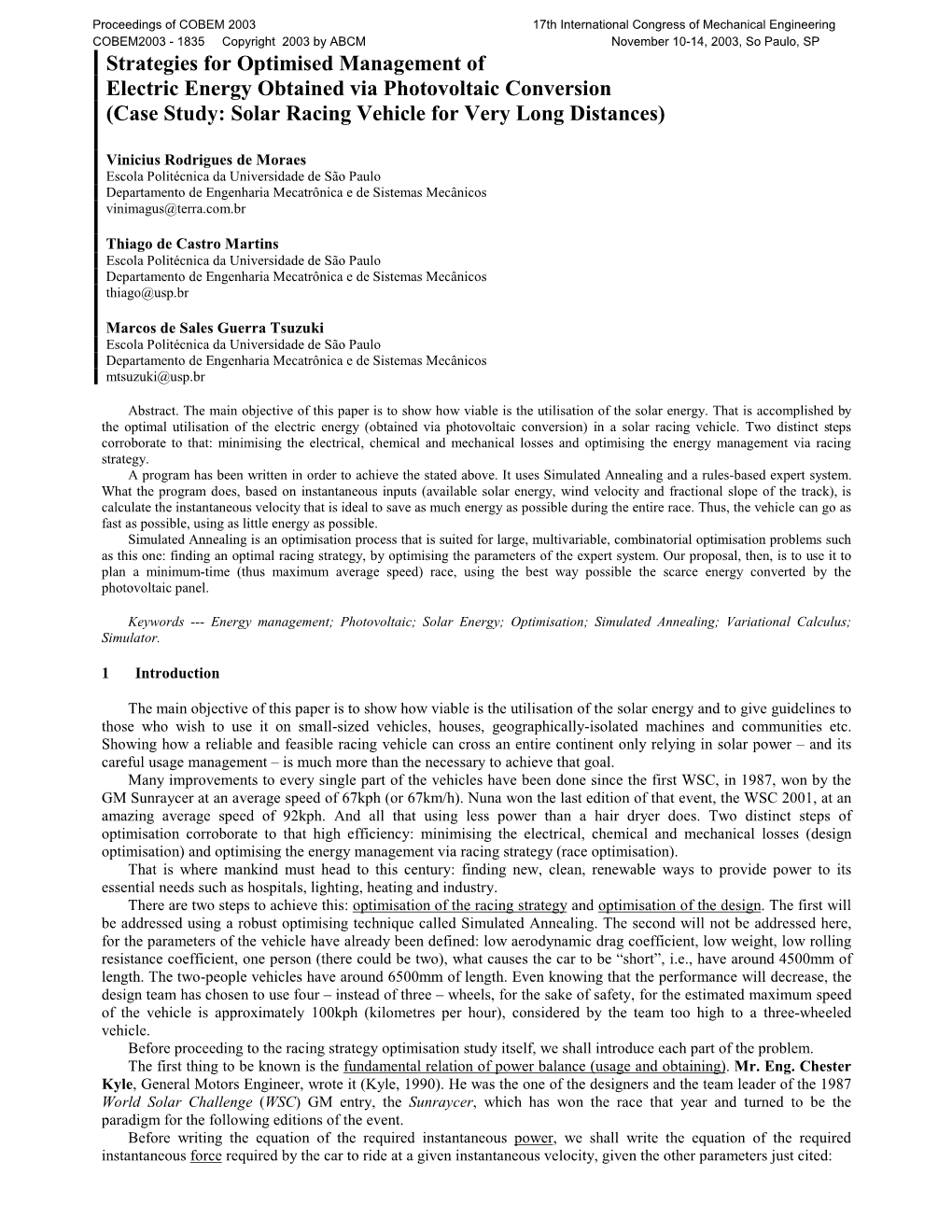 Strategies for Optimised Management of Electric Energy Obtained Via Photovoltaic Conversion (Case Study: Solar Racing Vehicle for Very Long Distances)