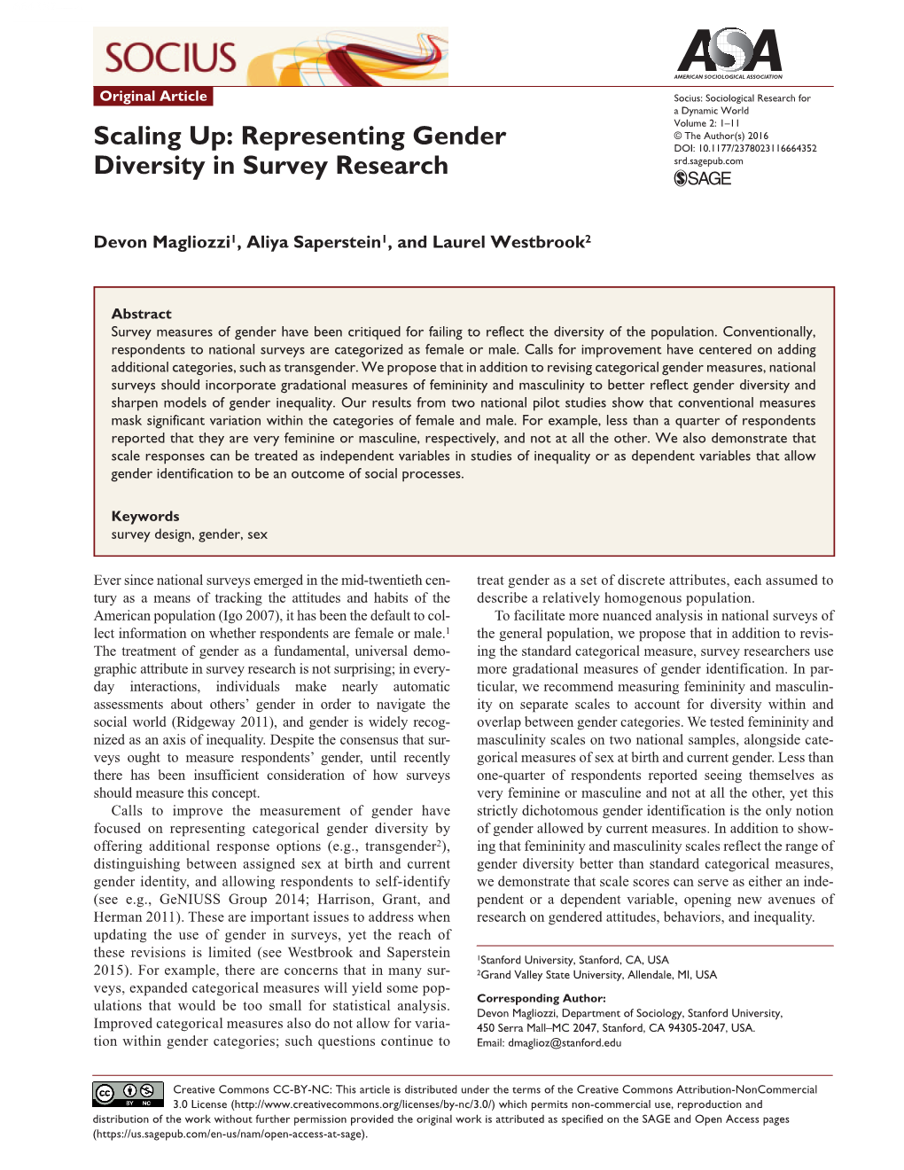 Scaling Up: Representing Gender DOI: 10.1177/2378023116664352 Diversity in Survey Research Srd.Sagepub.Com