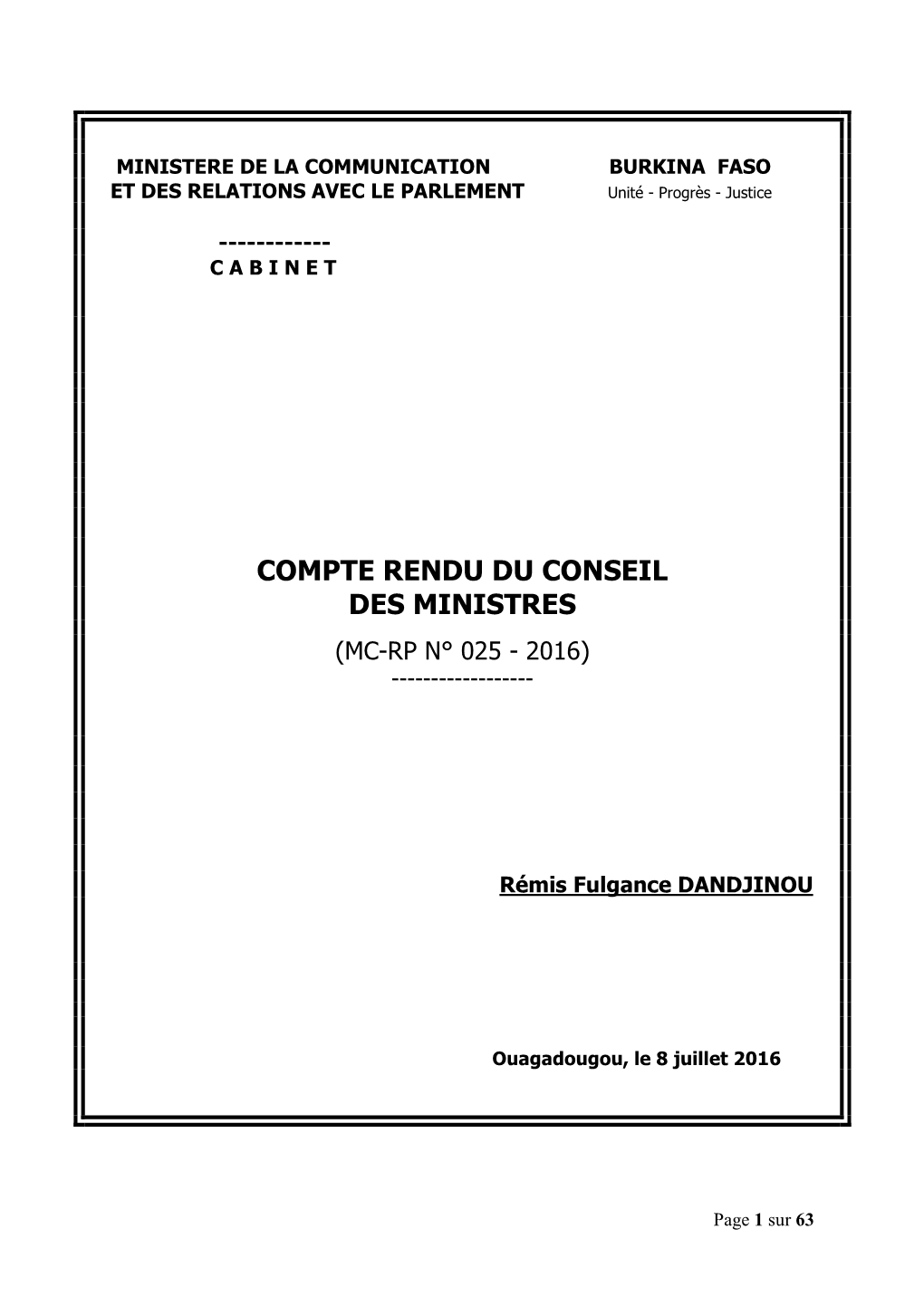 Compte Rendu Du Conseil Des Ministres