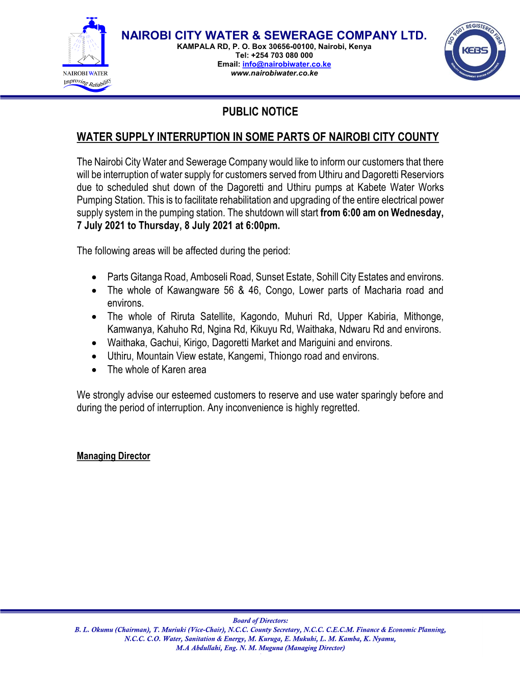 Public Notice Water Supply Interruption in Some Parts of Nairobi City County