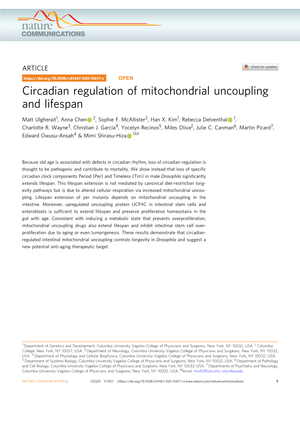 Circadian Regulation of Mitochondrial Uncoupling and Lifespan