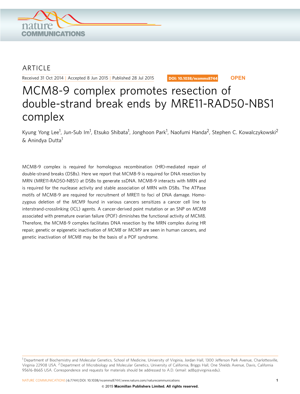 MCM8-9 Complex Promotes Resection of Double-Strand Break Ends by MRE11-RAD50-NBS1 Complex