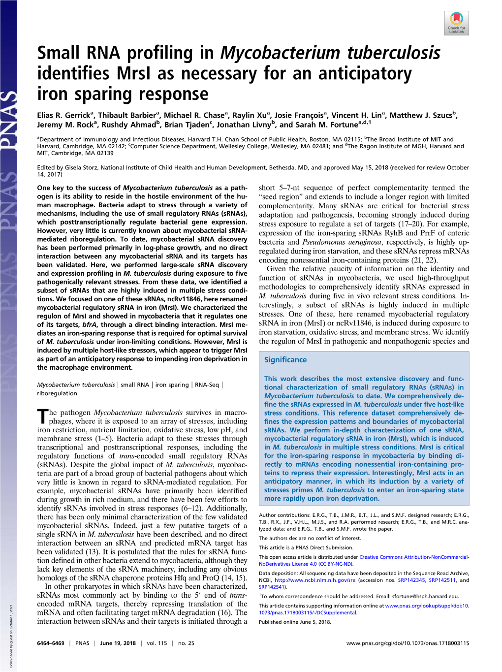 Small RNA Profiling in Mycobacterium Tuberculosis Identifies Mrsi As Necessary for an Anticipatory Iron Sparing Response
