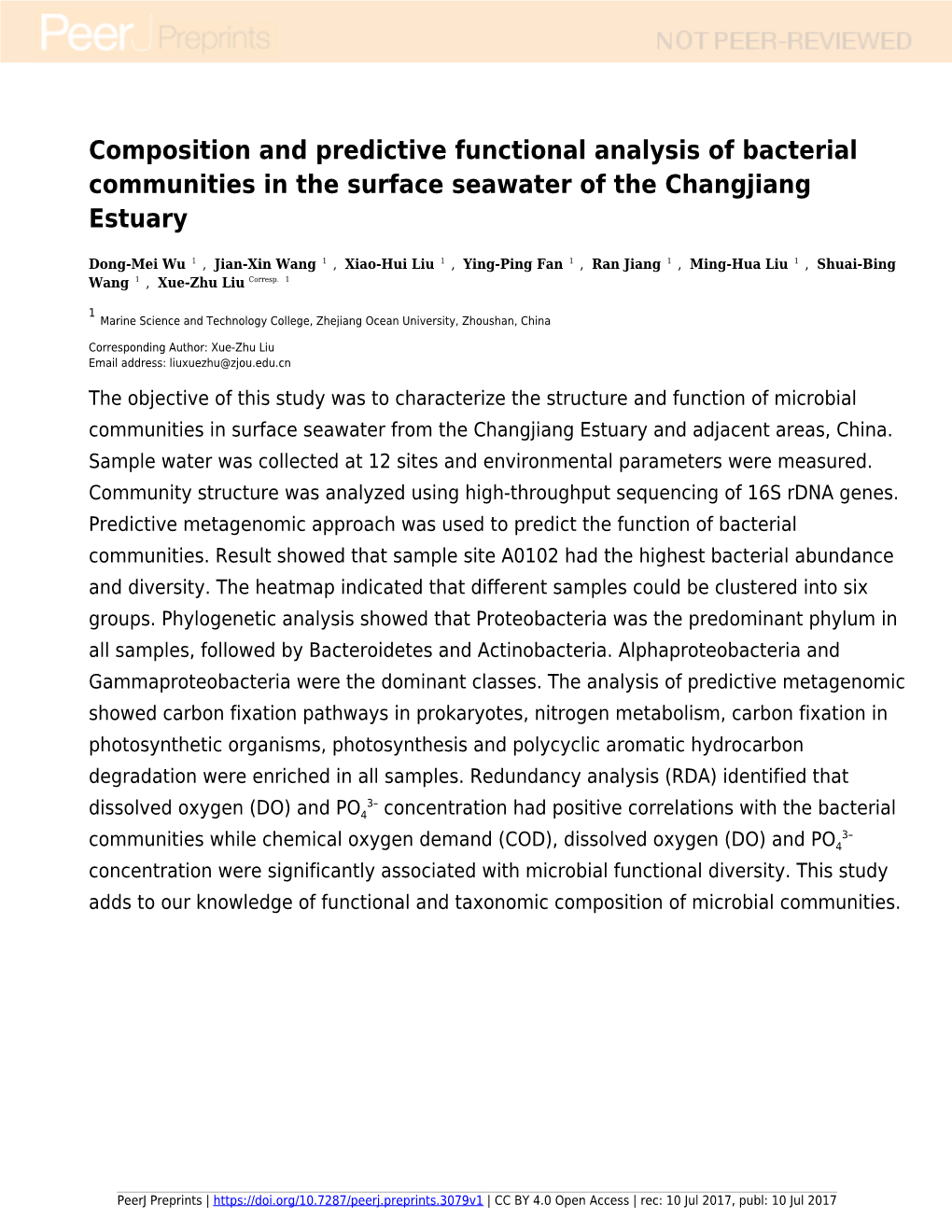 Composition and Predictive Functional Analysis of Bacterial Communities in the Surface Seawater of the Changjiang Estuary