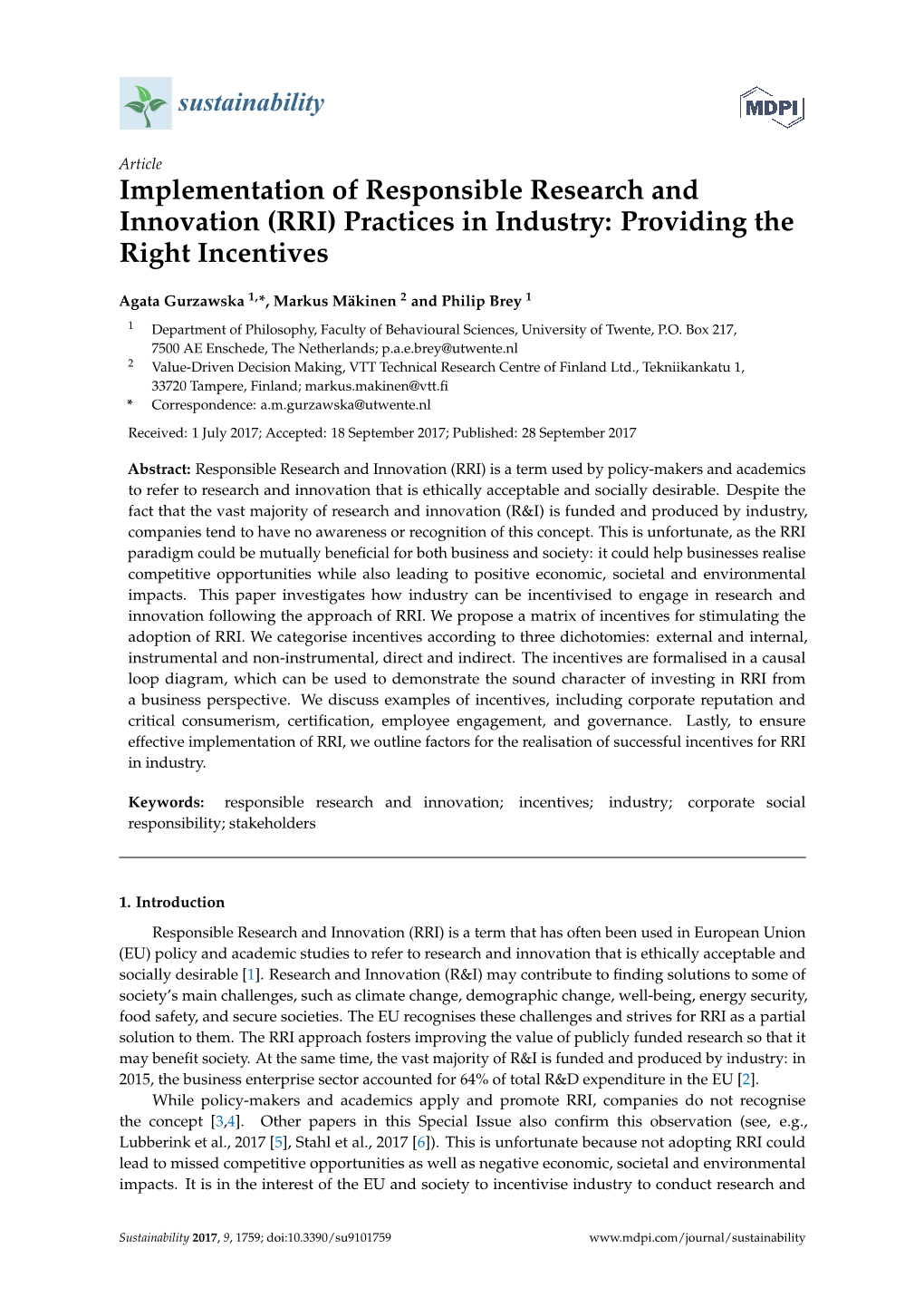 RRI) Practices in Industry: Providing the Right Incentives