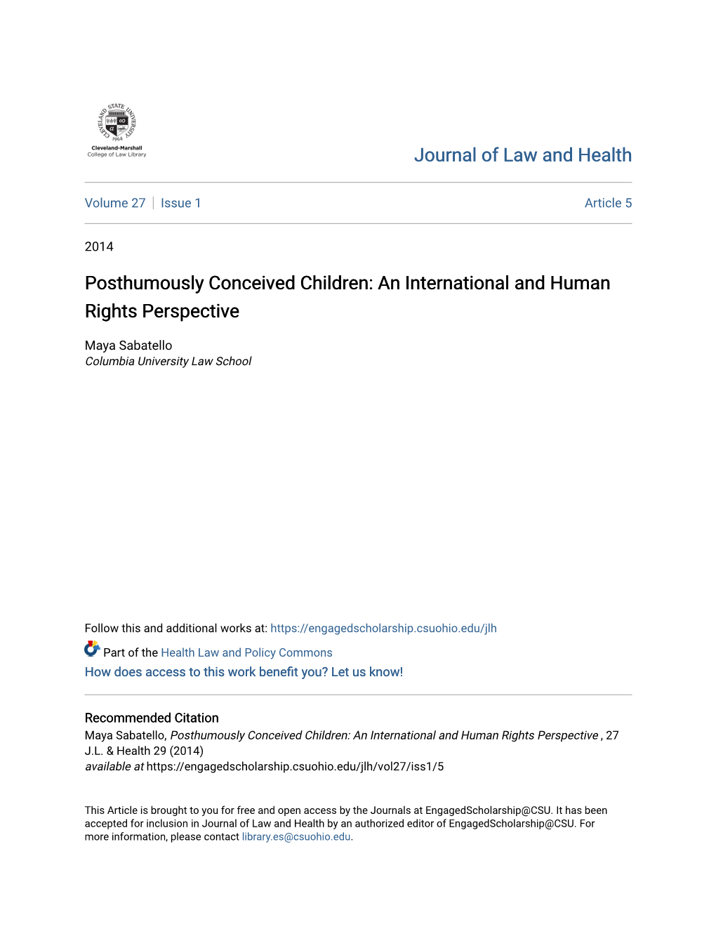 Posthumously Conceived Children: an International and Human Rights Perspective
