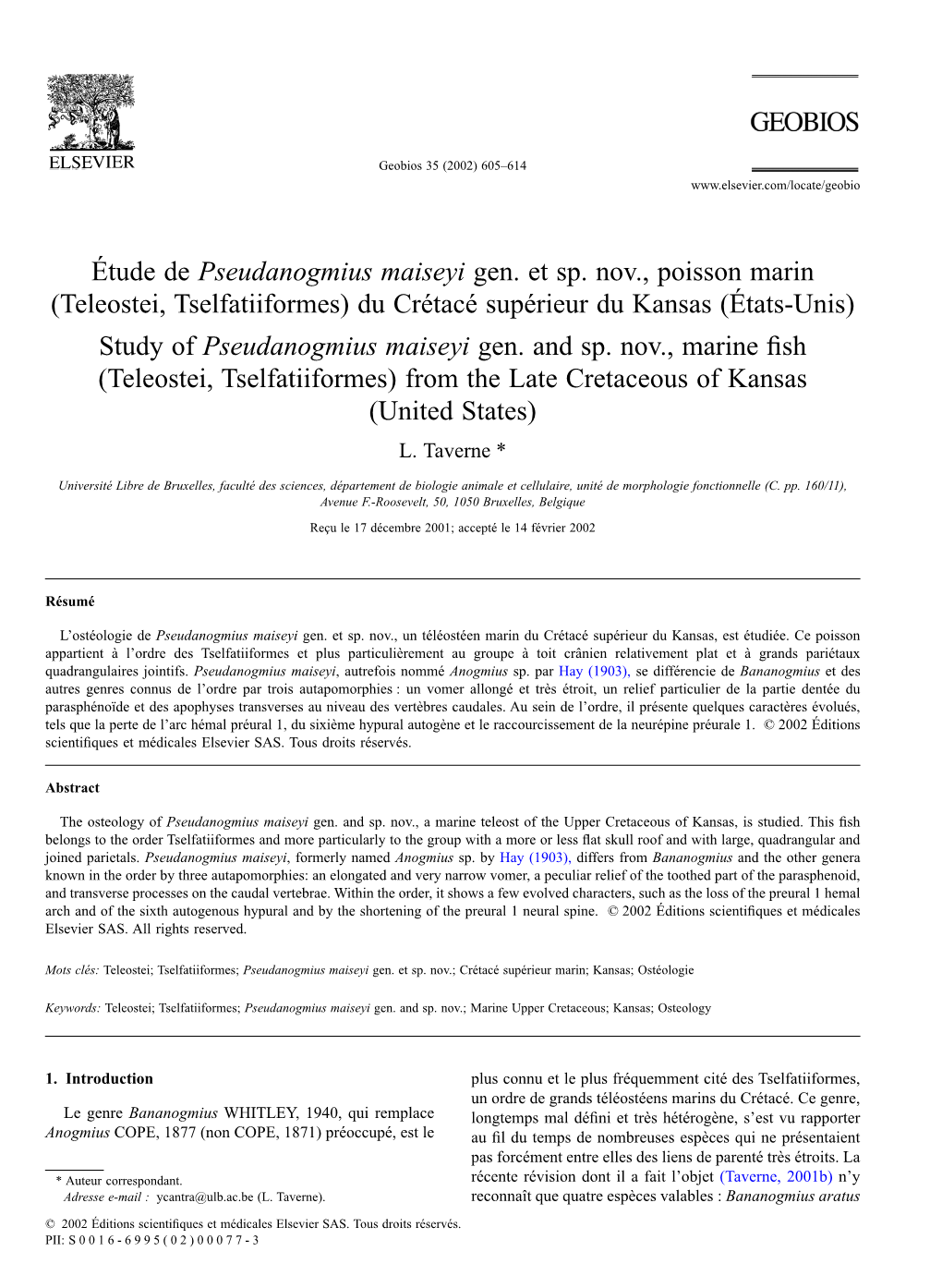 Teleostei, Tselfatiiformes) Du Crétacé Supérieur Du Kansas (États-Unis) Study of Pseudanogmius Maiseyi Gen