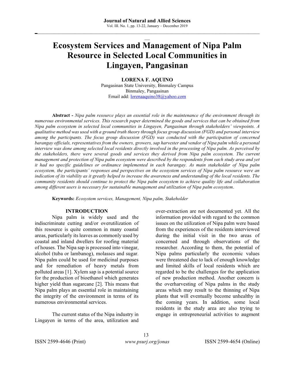 Ecosystem Services and Management of Nipa Palm Resource in Selected Local Communities in Lingayen, Pangasinan