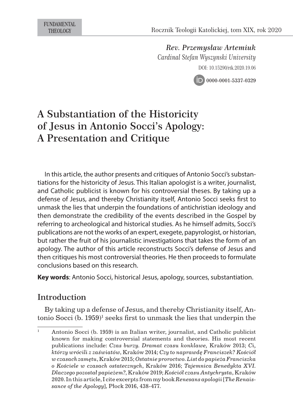 A Substantiation of the Historicity of Jesus in Antonio Socci's Apology: A