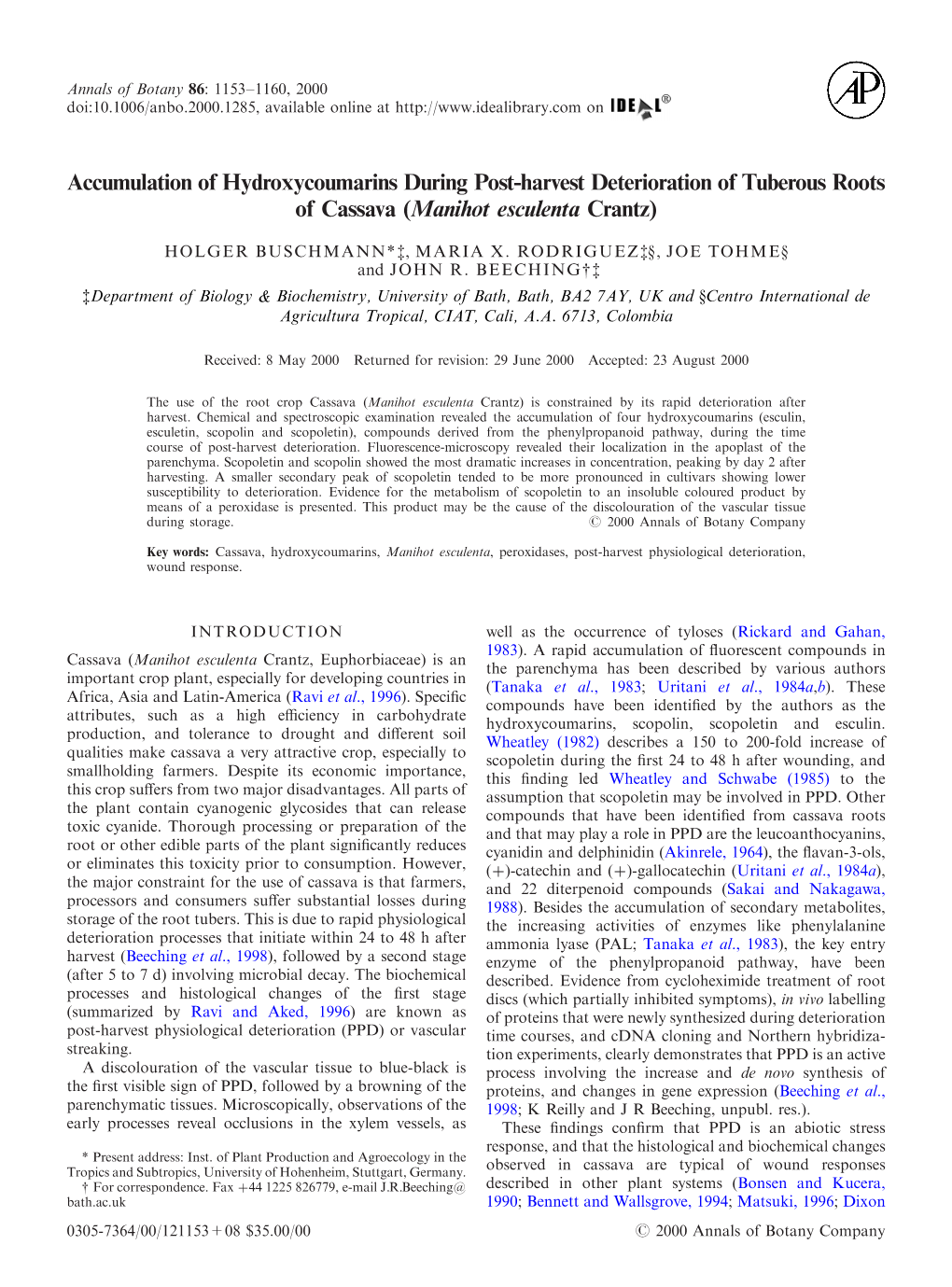 Accumulation of Hydroxycoumarins During Post-Harvest Deterioration of Tuberous Roots of Cassava (Manihot Esculenta Crantz)