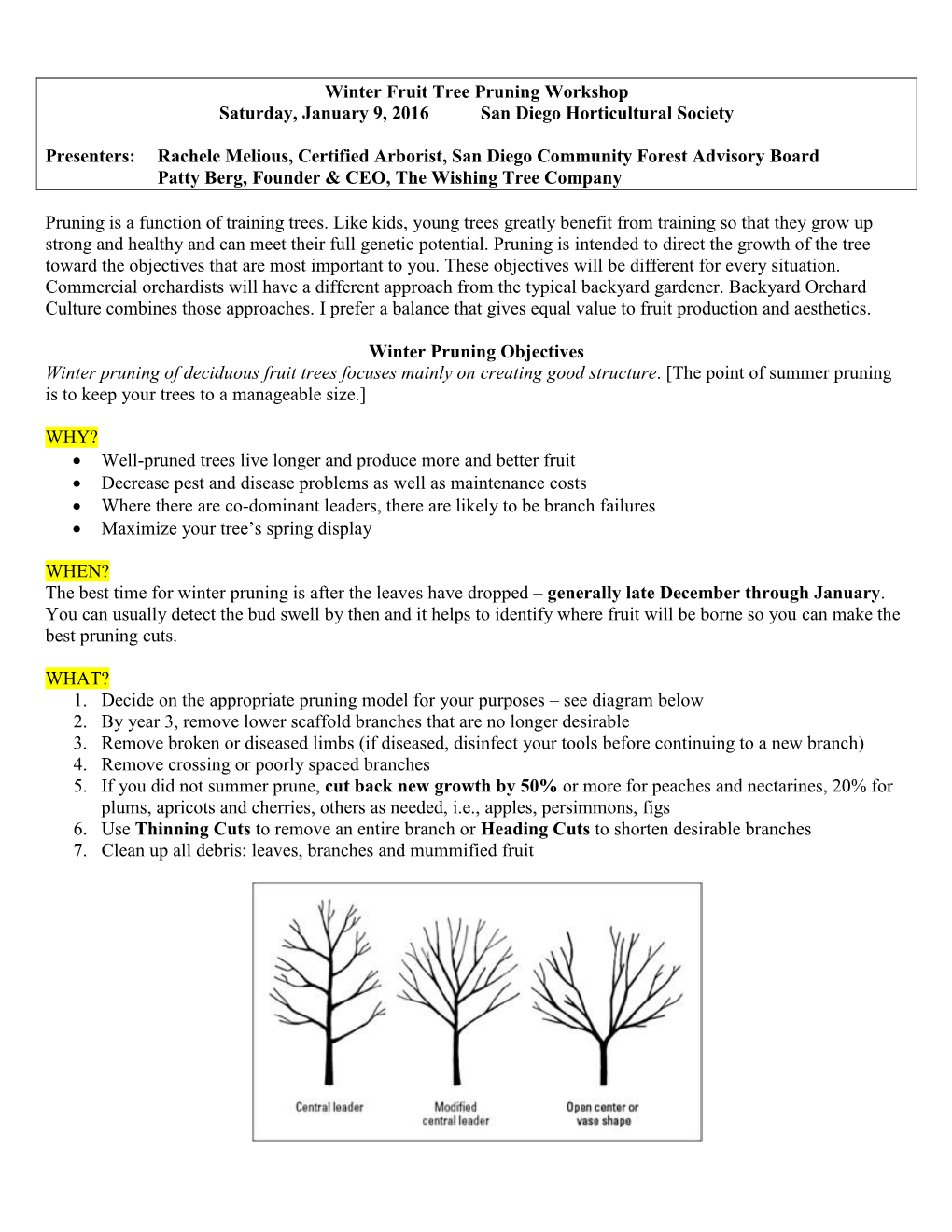 Winter Fruit Tree Pruning Workshop Saturday, January 9, 2016 San Diego Horticultural Society