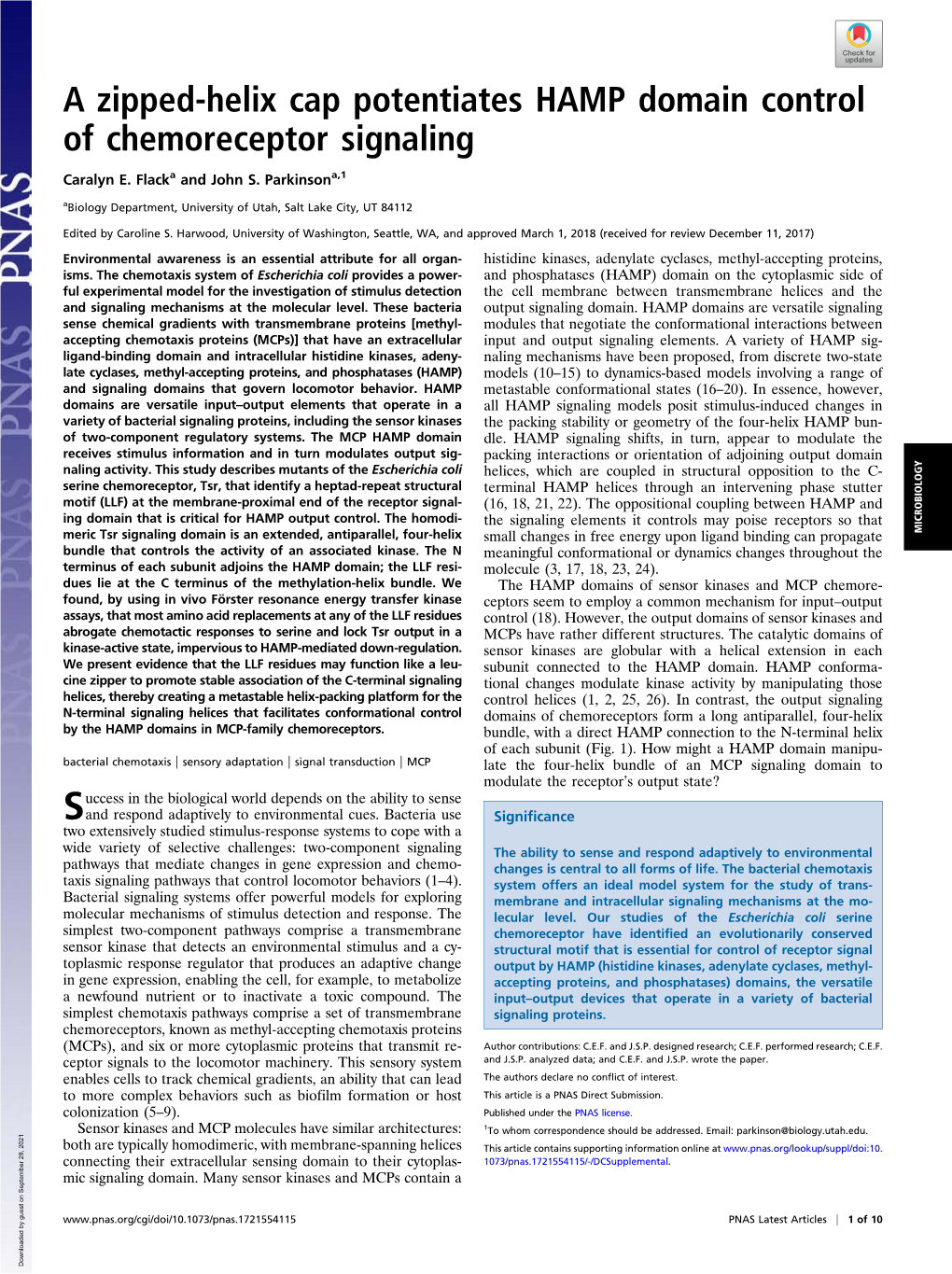 A Zipped-Helix Cap Potentiates HAMP Domain Control of Chemoreceptor Signaling