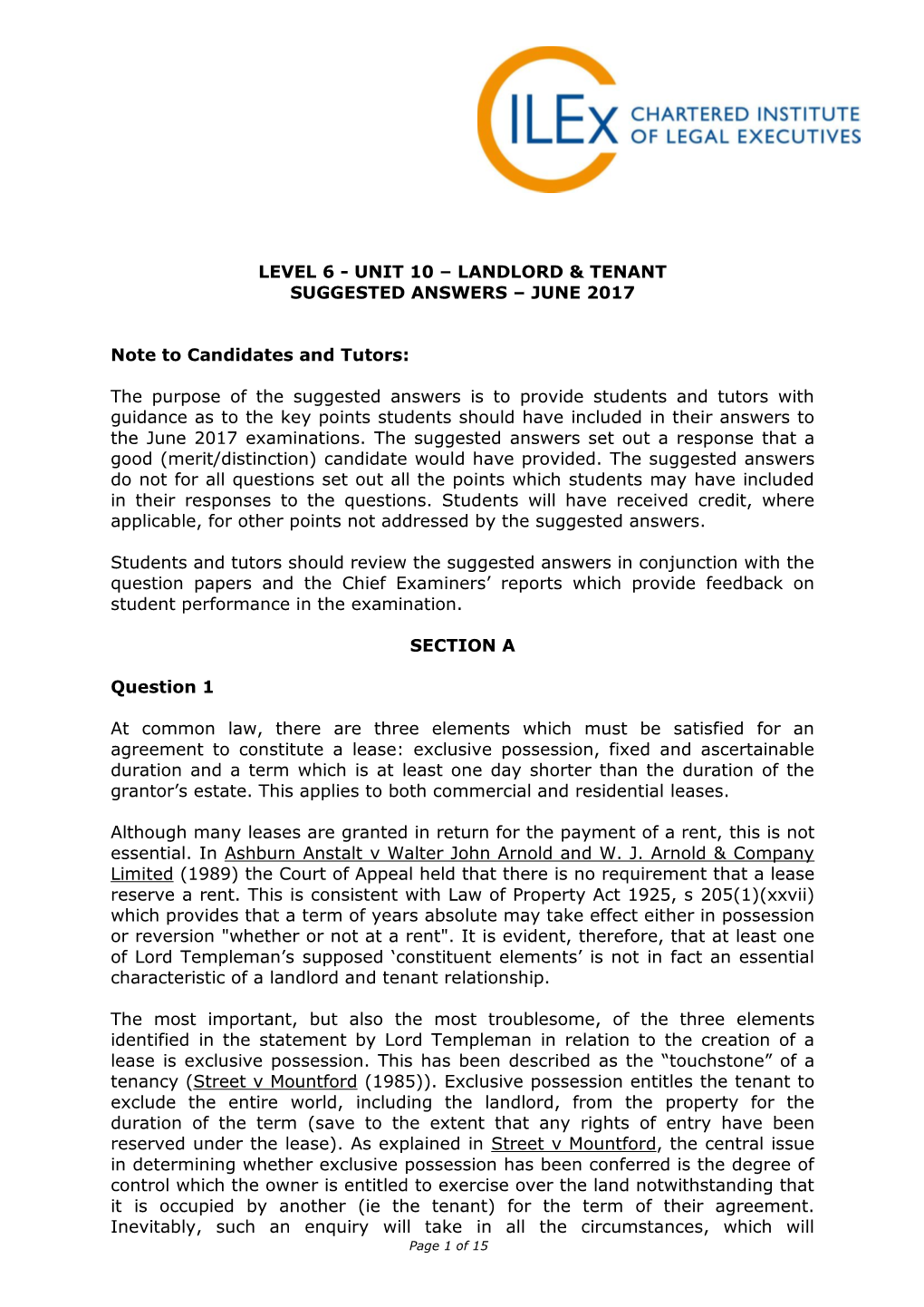 Level 6 - Unit 10 – Landlord & Tenant Suggested Answers – June 2017