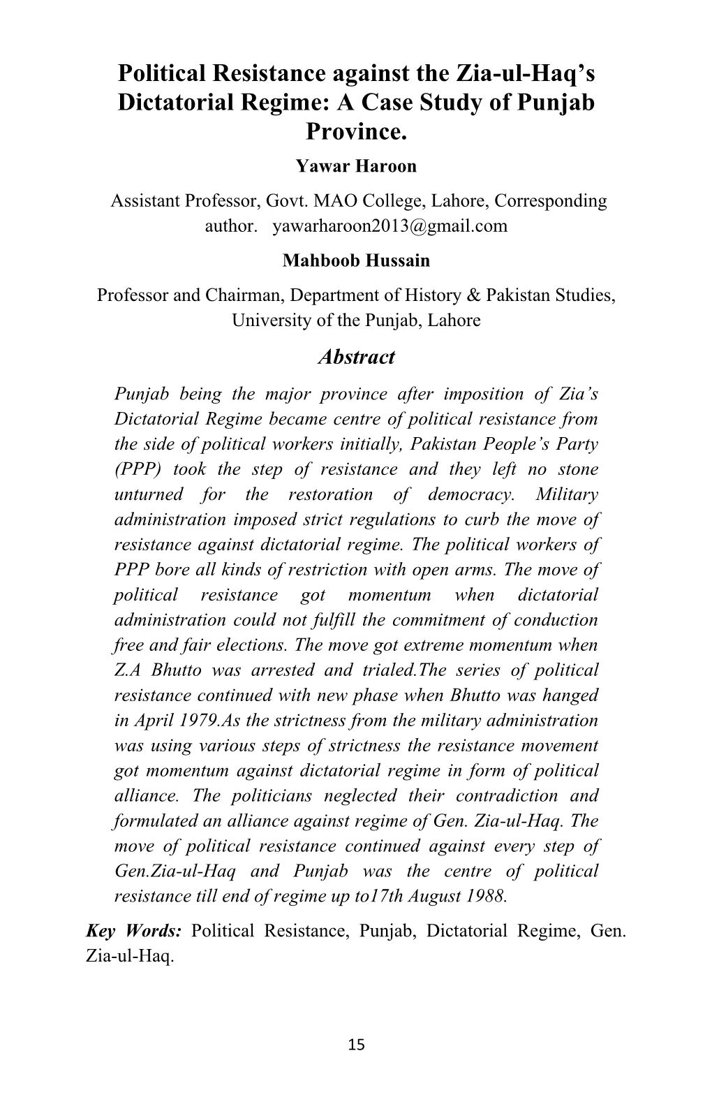 Political Resistance Against the Zia-Ul-Haq’S Dictatorial Regime: a Case Study of Punjab Province
