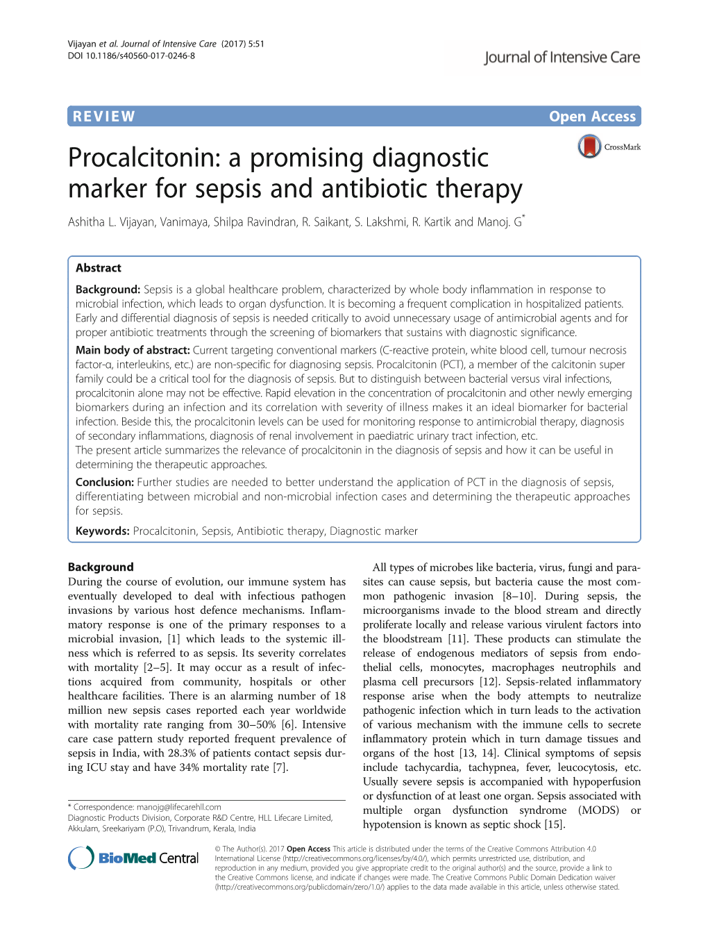 Procalcitonin: a Promising Diagnostic Marker for Sepsis and Antibiotic Therapy Ashitha L