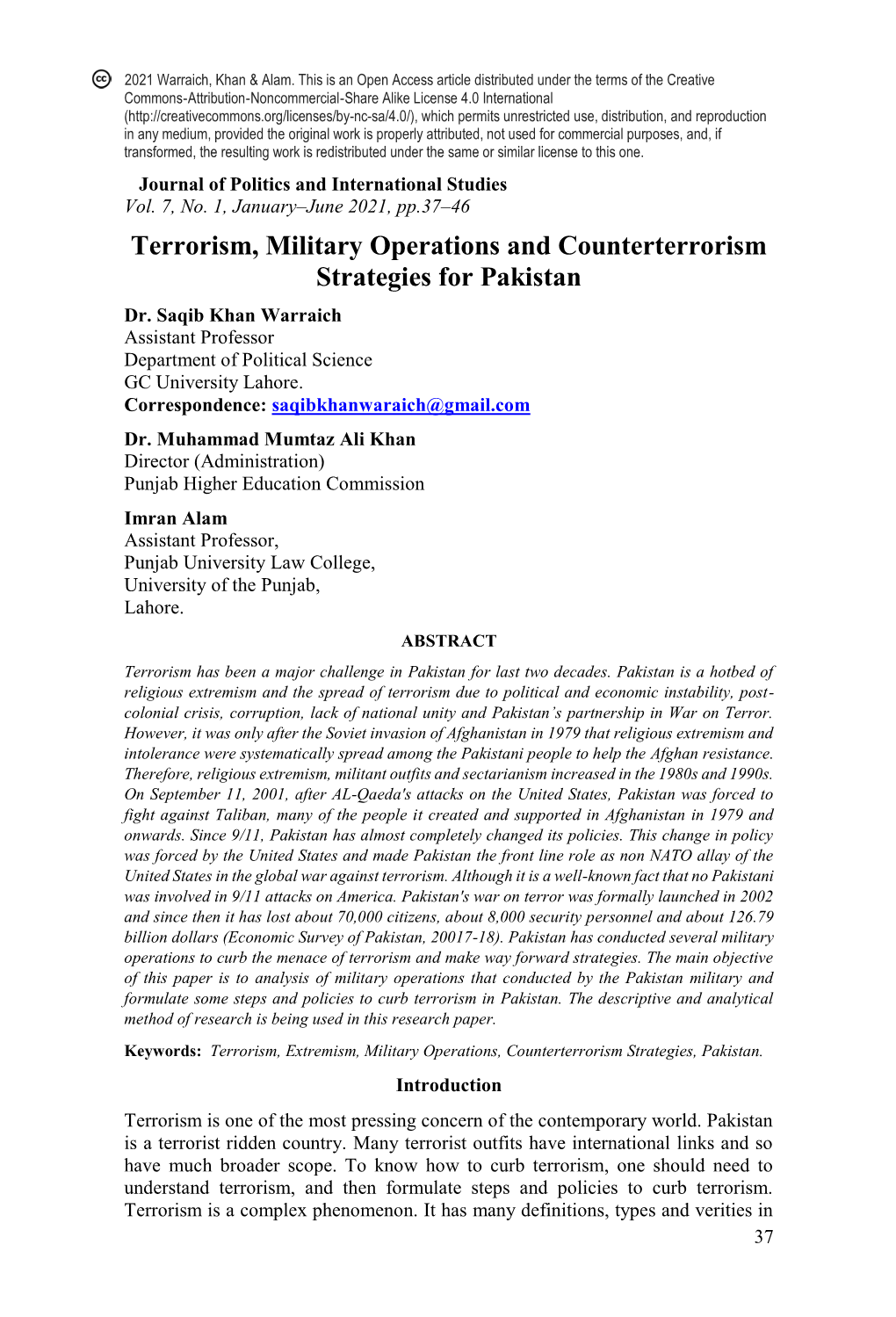 Terrorism, Military Operations and Counterterrorism Strategies for Pakistan Dr