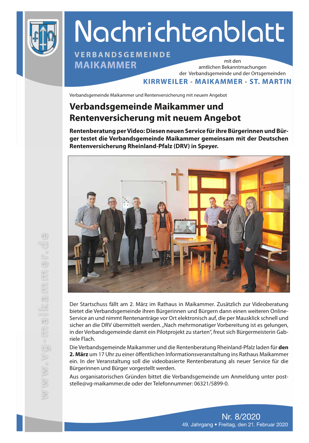 Nachrichtenblatt Verbandsgemeinde Mit Den Maikammer Amtlichen Bekanntmachungen Der Verbandsgemeinde Und Der Ortsgemeinden Kirrweiler • Maikammer • St